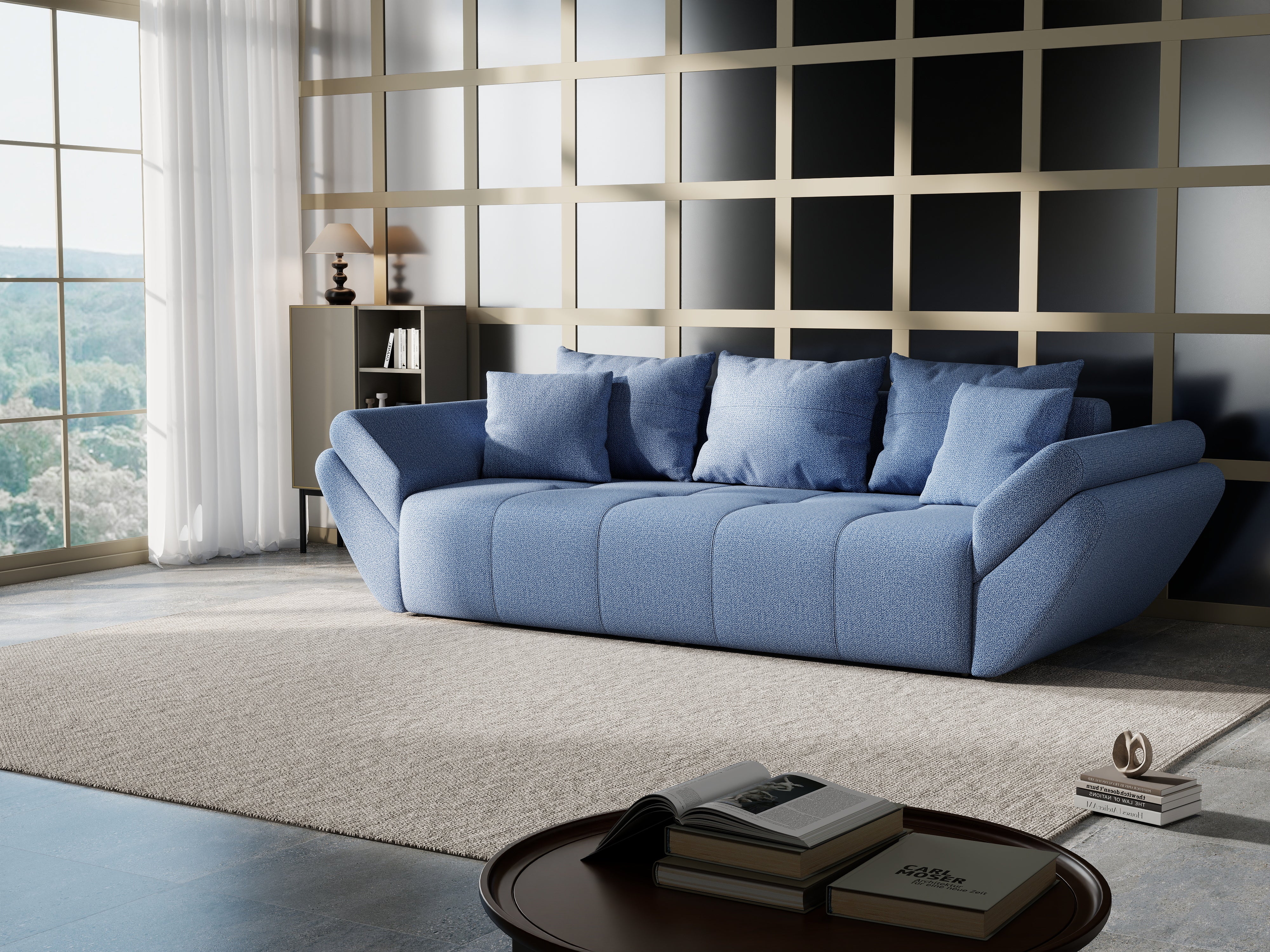 Canapea extensibilă dumonde cu ladă de depozitare si sezut confortabil din spuma HR, Berlin Blue 250x100 cm Fabrica