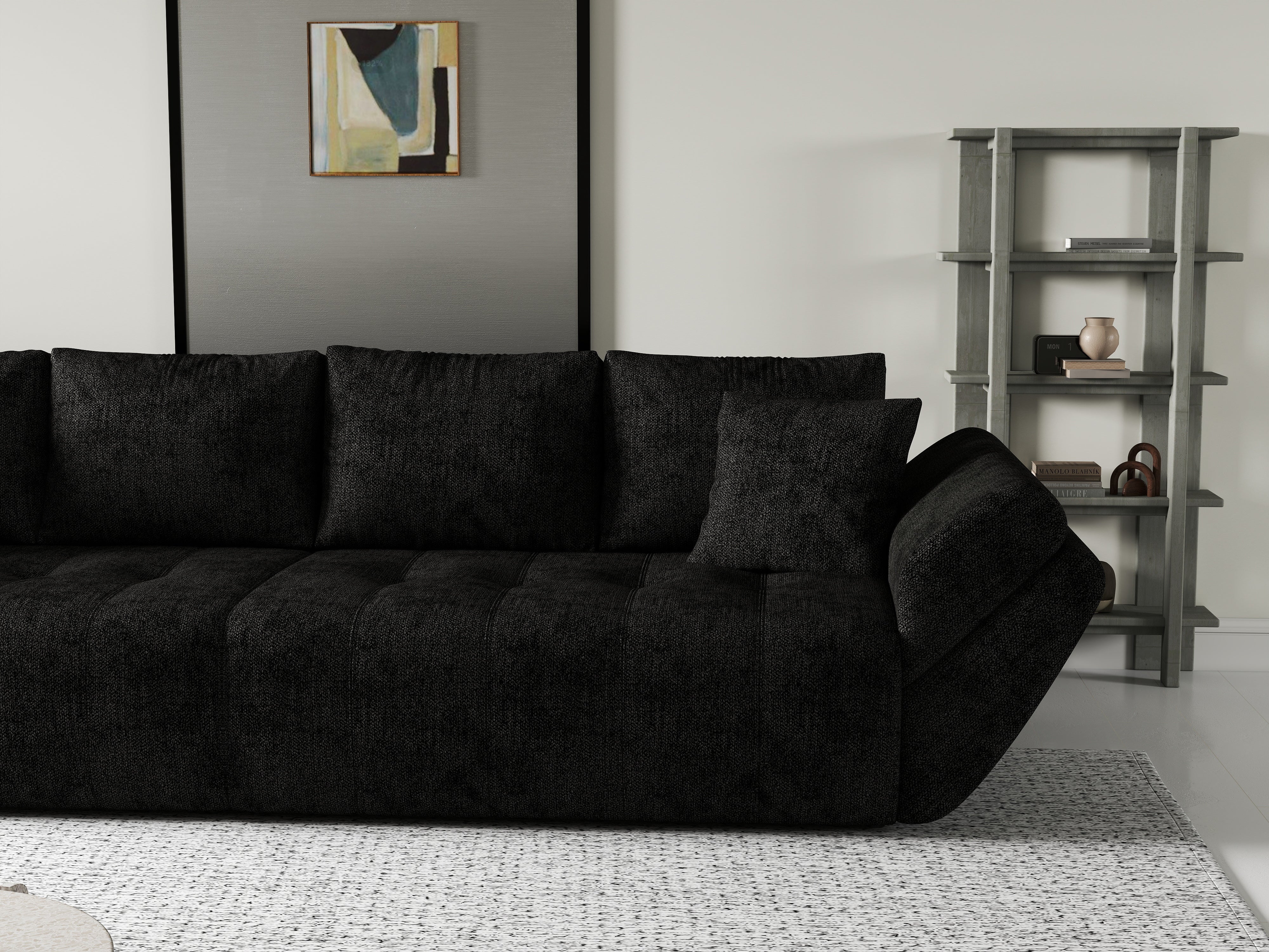 Canapea extensibilă dumonde cu ladă de depozitare si sezut confortabil din spuma HR, Berlin Black 300x100 cm Fabrica