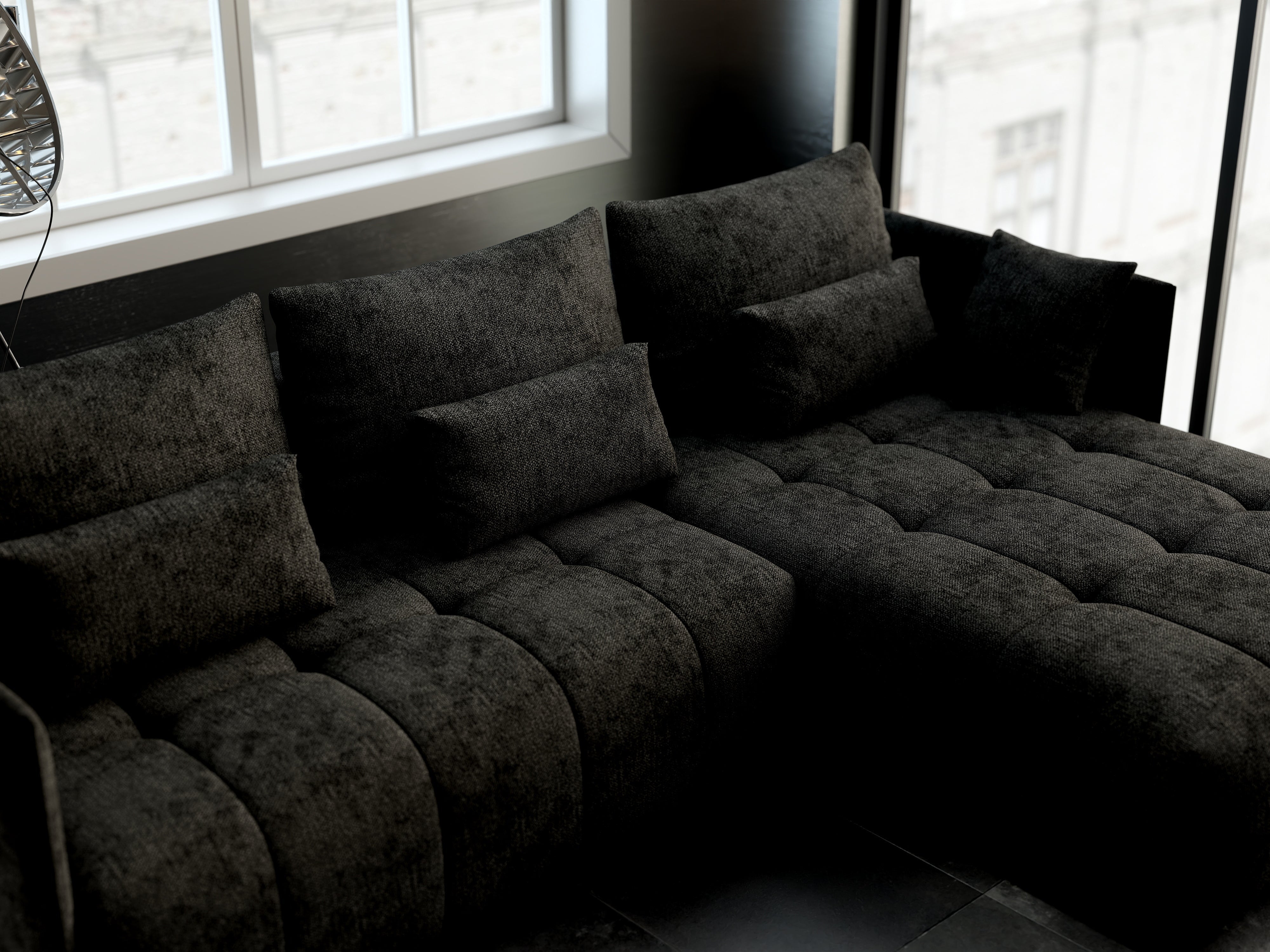 Colțar extensibil dumonde cu ladă de depozitare si sezut confortabil din spuma HR, Malta Black II 235x185 cm Fabrica