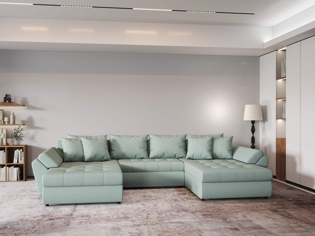 Colțar extensibil dumonde cu ladă de depozitare si sezut confortabil din spuma HR, Loana Enjoy Verde Mint U 355x185 cm Fabrica