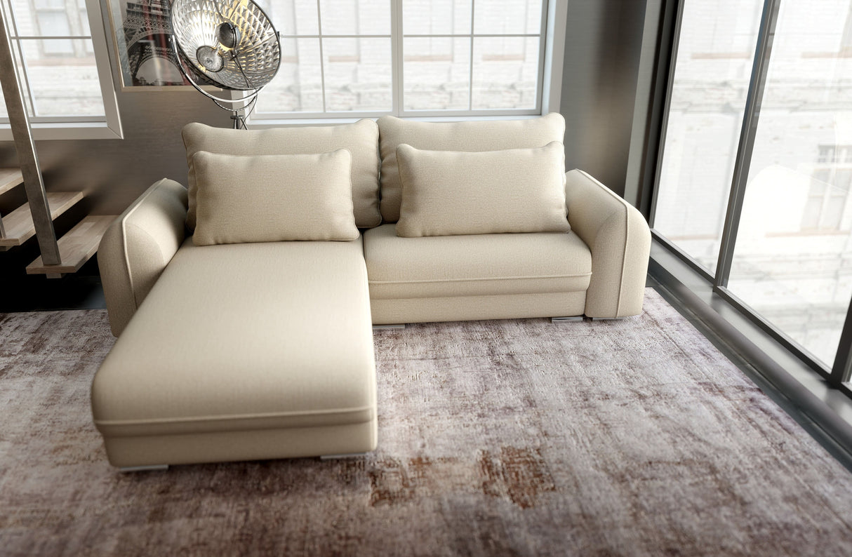 Colțar extensibil dumonde cu ladă de depozitare si sezut confortabil din spuma HR, Denver Enjoy Beige 275x185 cm Fabrica