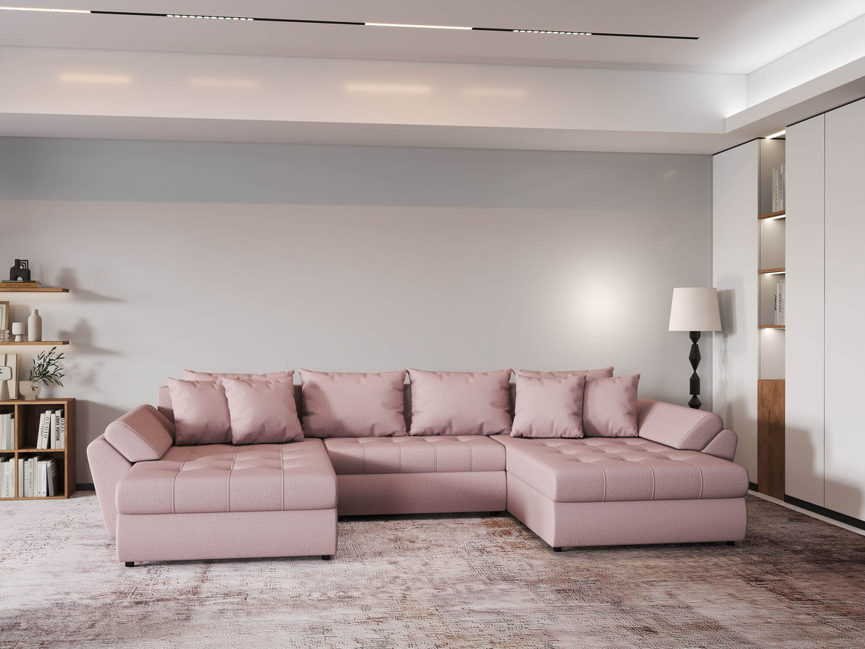 Colțar extensibil dumonde cu ladă de depozitare si sezut confortabil din spuma HR, Loana Enjoy Roz U 355x185 cm Fabrica