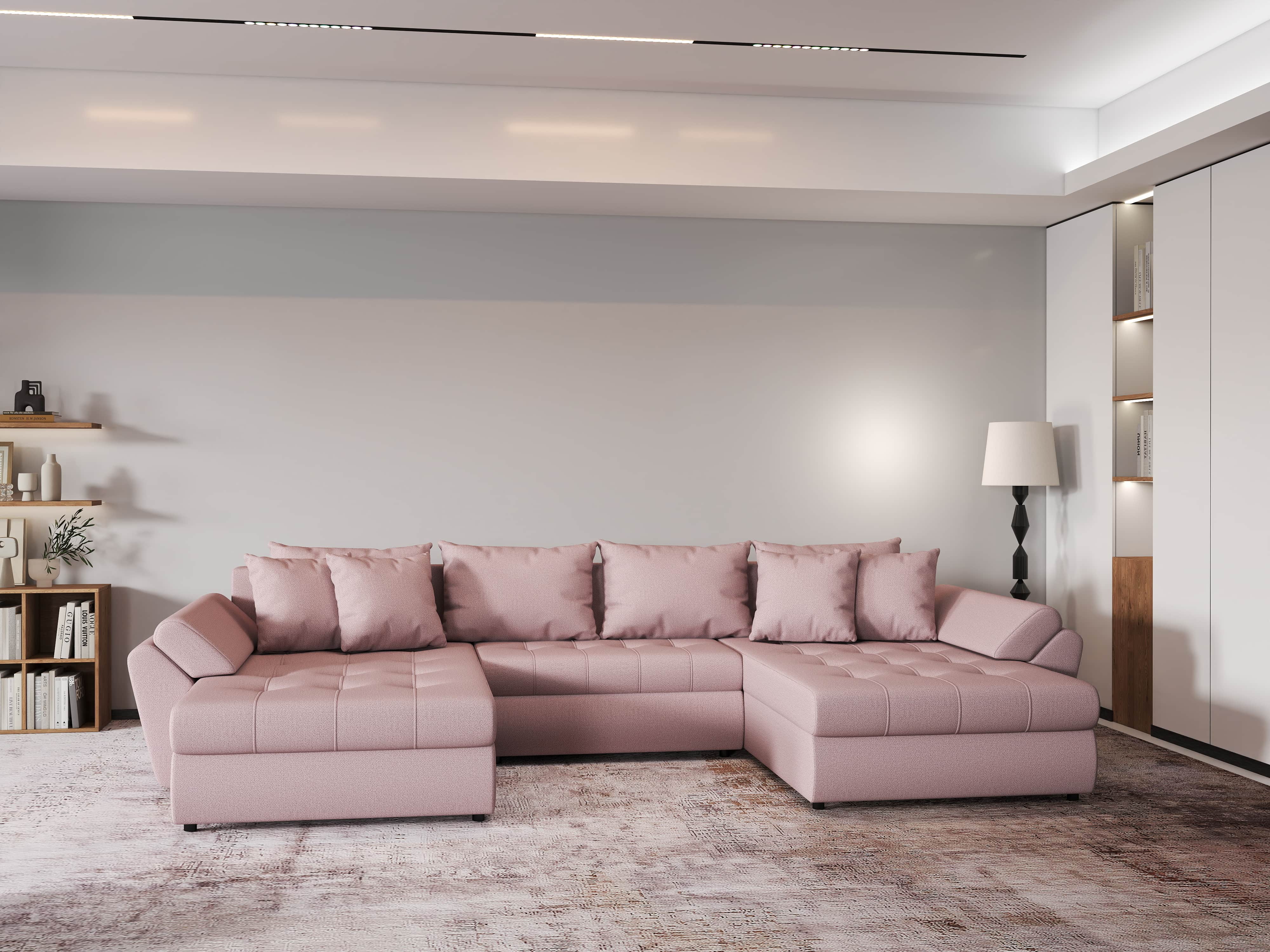 Colțar extensibil dumonde cu ladă de depozitare si sezut confortabil din spuma HR, Loana Enjoy Roz U 355x185 cm Fabrica