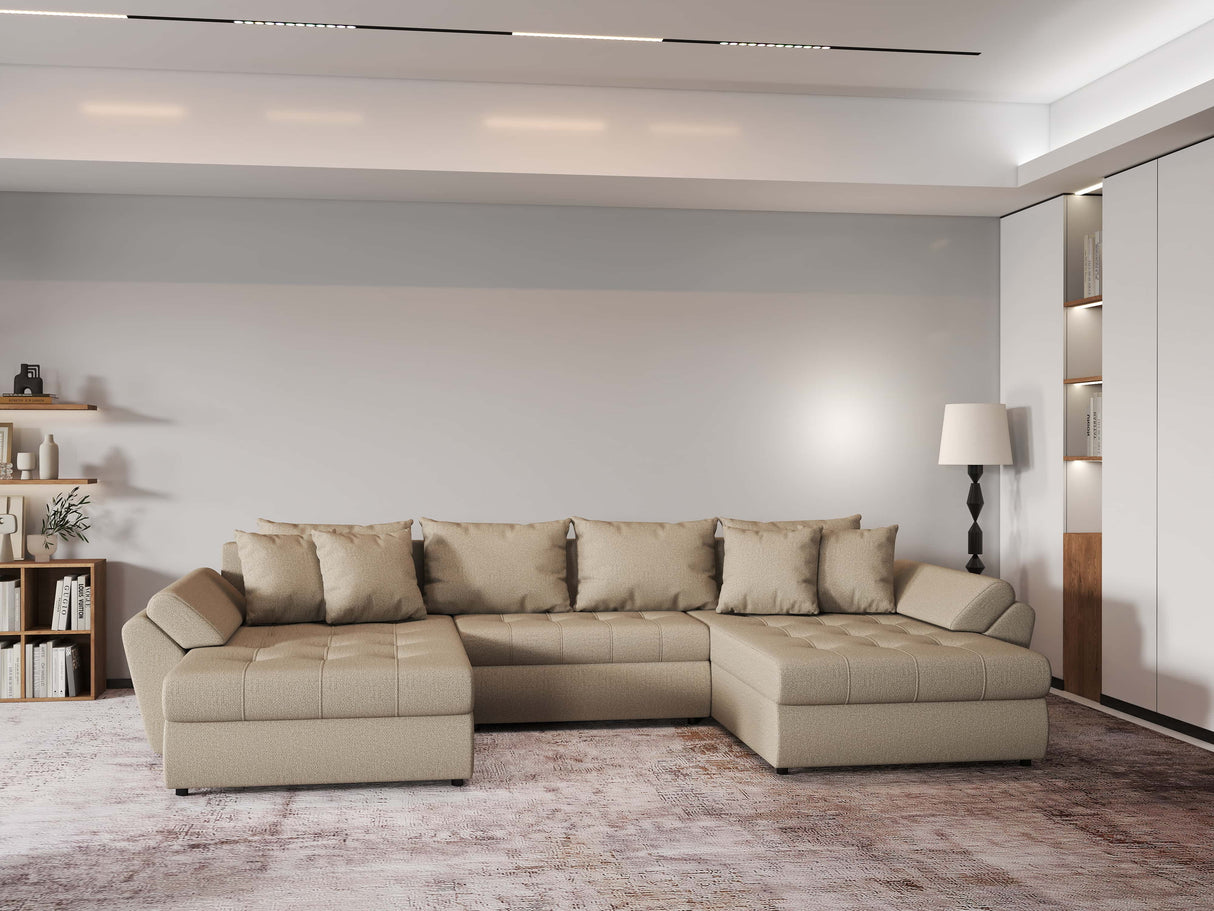 Colțar extensibil dumonde cu ladă de depozitare si sezut confortabil din spuma HR, Loana Bej U 355x185 cm Fabrica