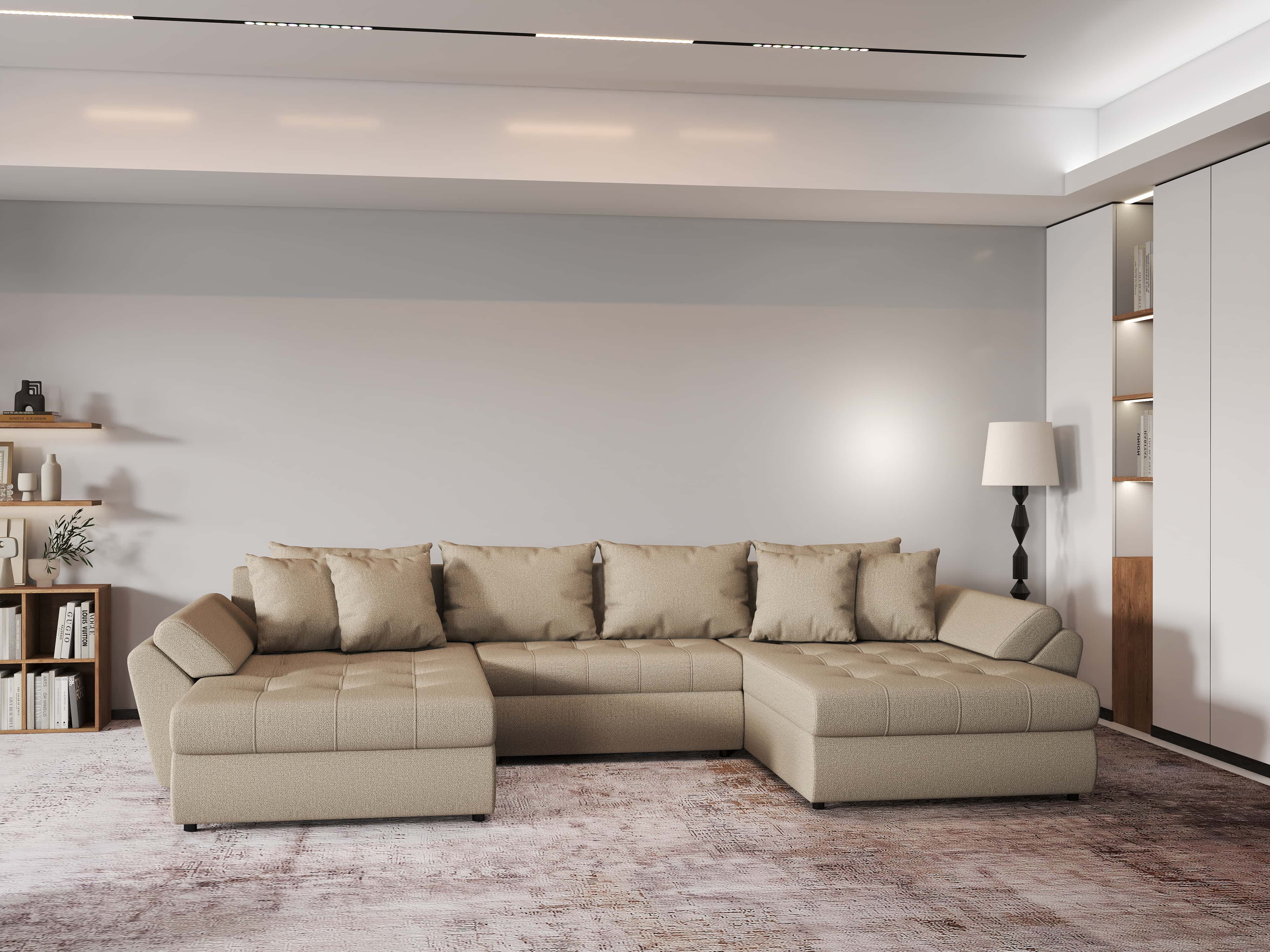 Colțar extensibil dumonde cu ladă de depozitare si sezut confortabil din spuma HR, Loana Bej U 355x185 cm Fabrica