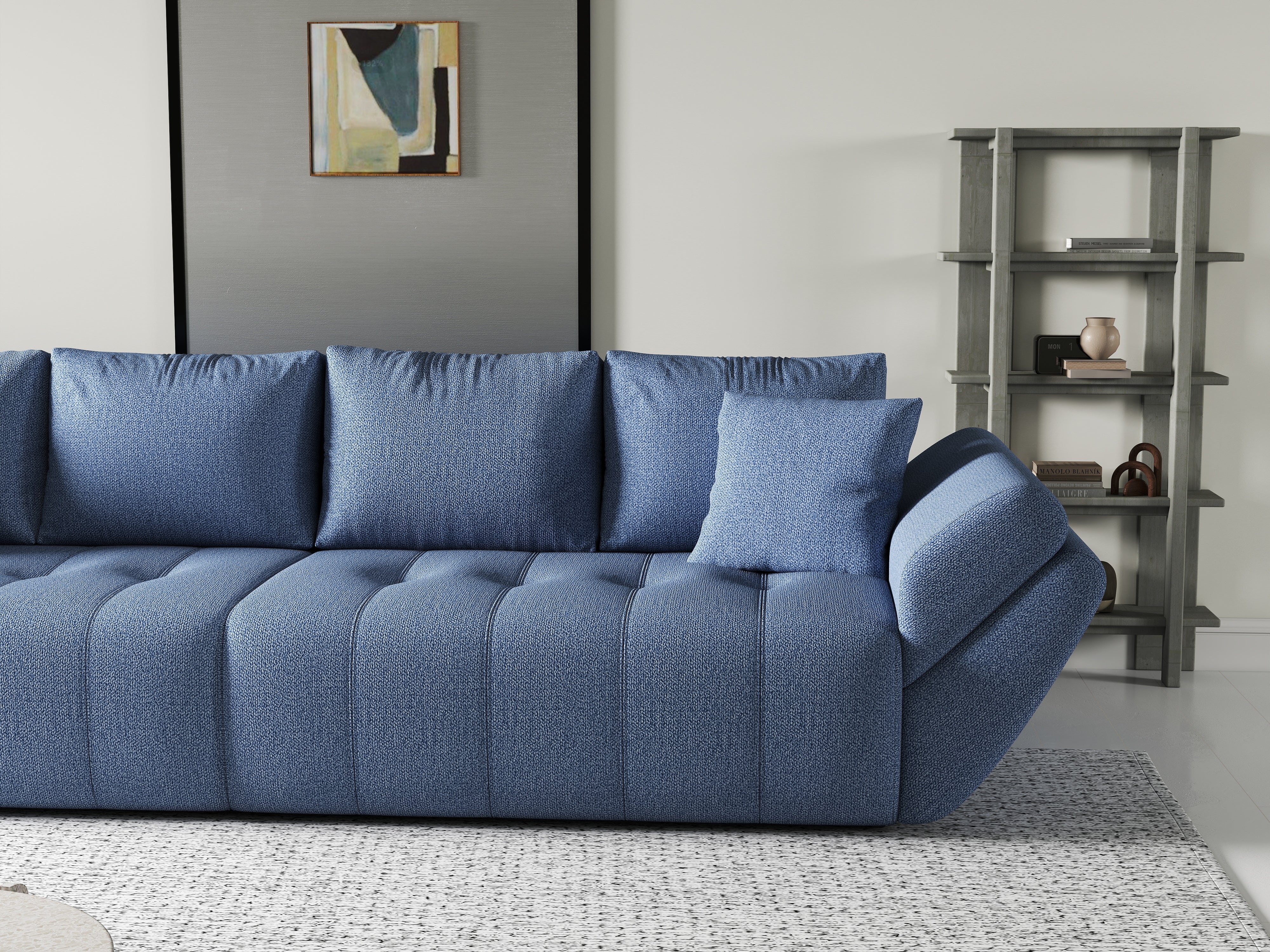 Canapea extensibilă dumonde cu ladă de depozitare si sezut confortabil din spuma HR, Berlin Blue 300x100 cm Fabrica