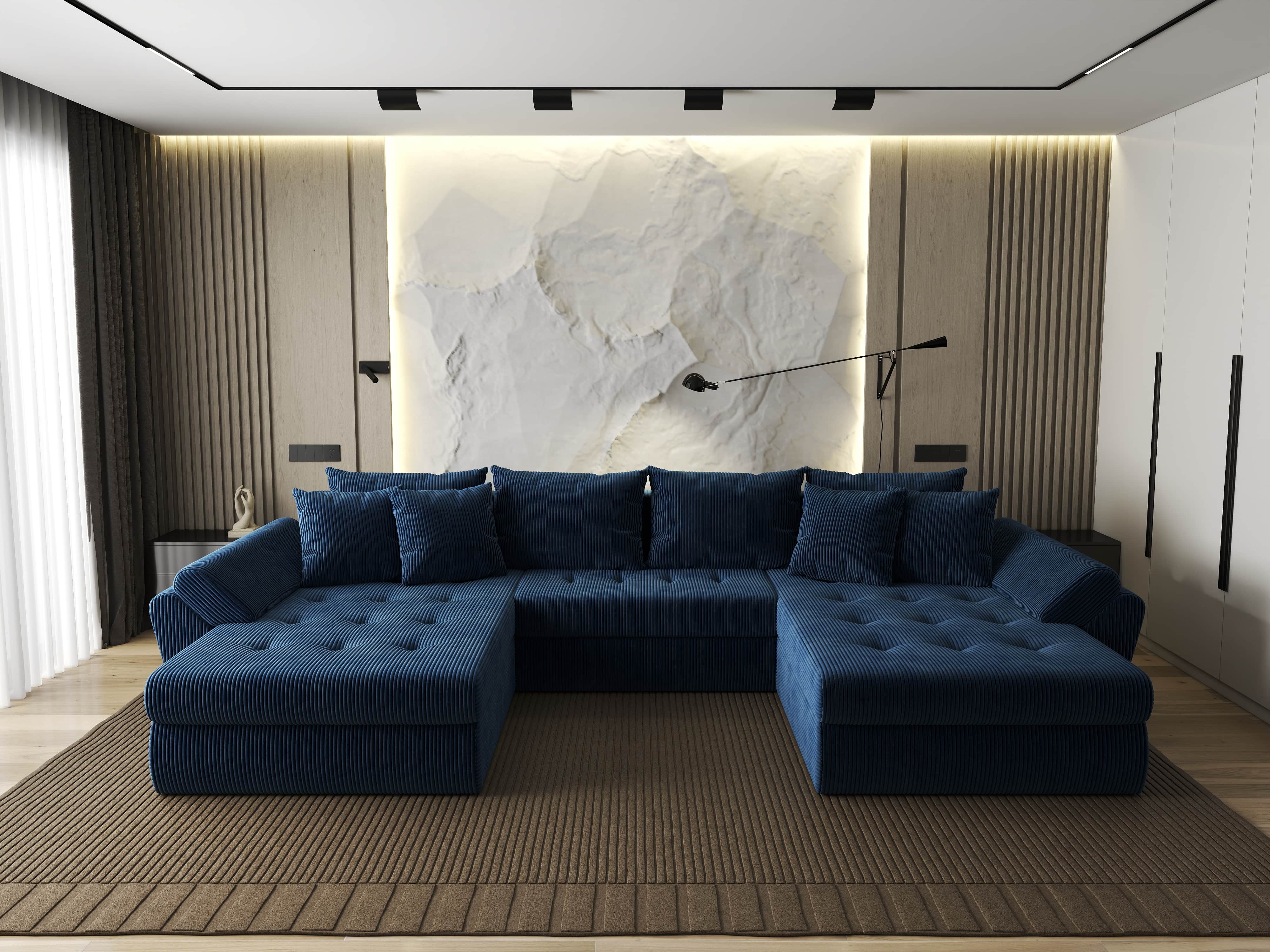 Colțar extensibil dumonde cu ladă de depozitare si sezut confortabil din spuma HR, Loana U Bleumarin Zoom 355x185 cm Fabrica
