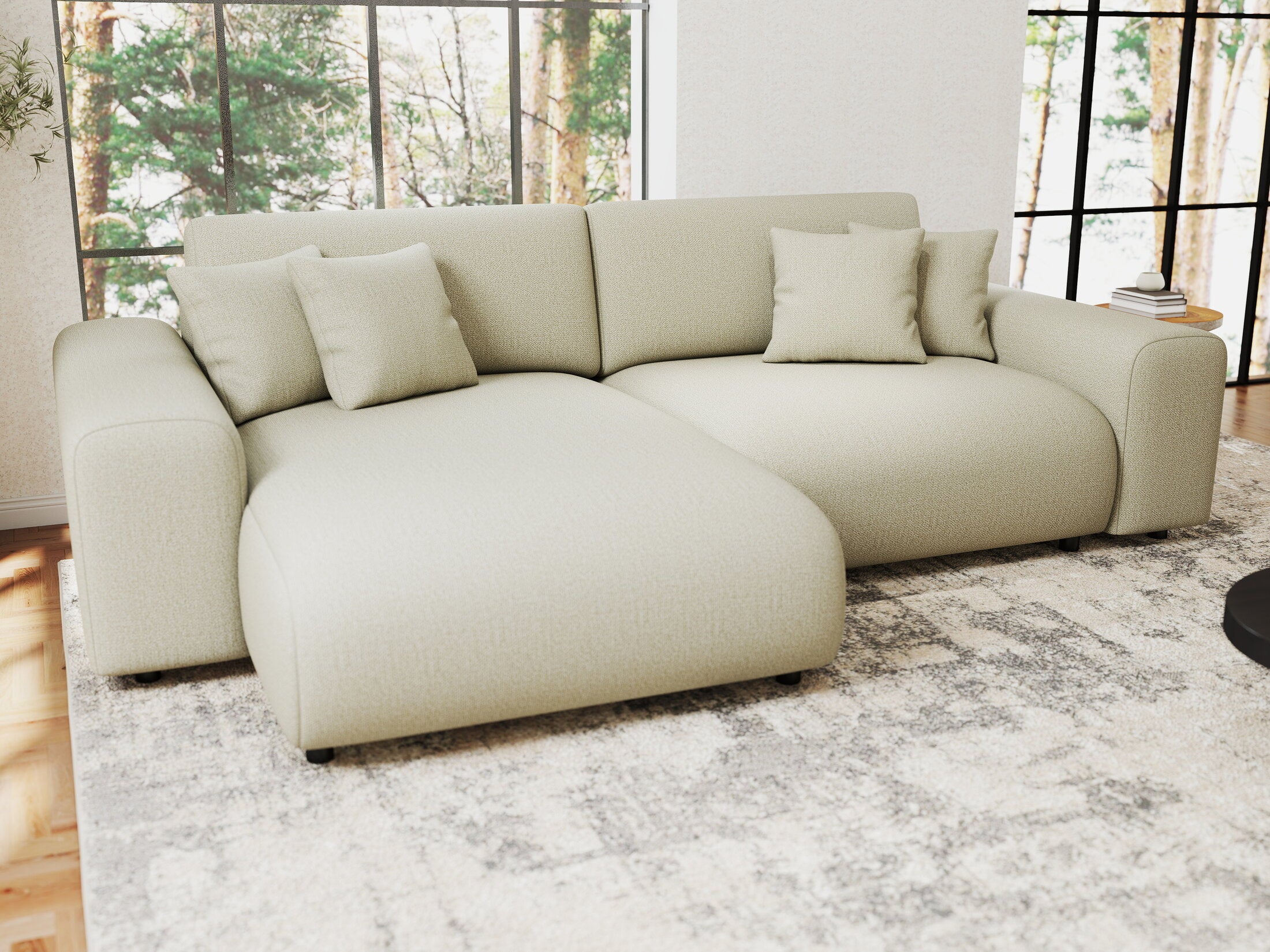 Colțar extensibil dumonde cu ladă de depozitare si sezut confortabil din spuma HR, Sarina Enjoy Bej 255x168 cm