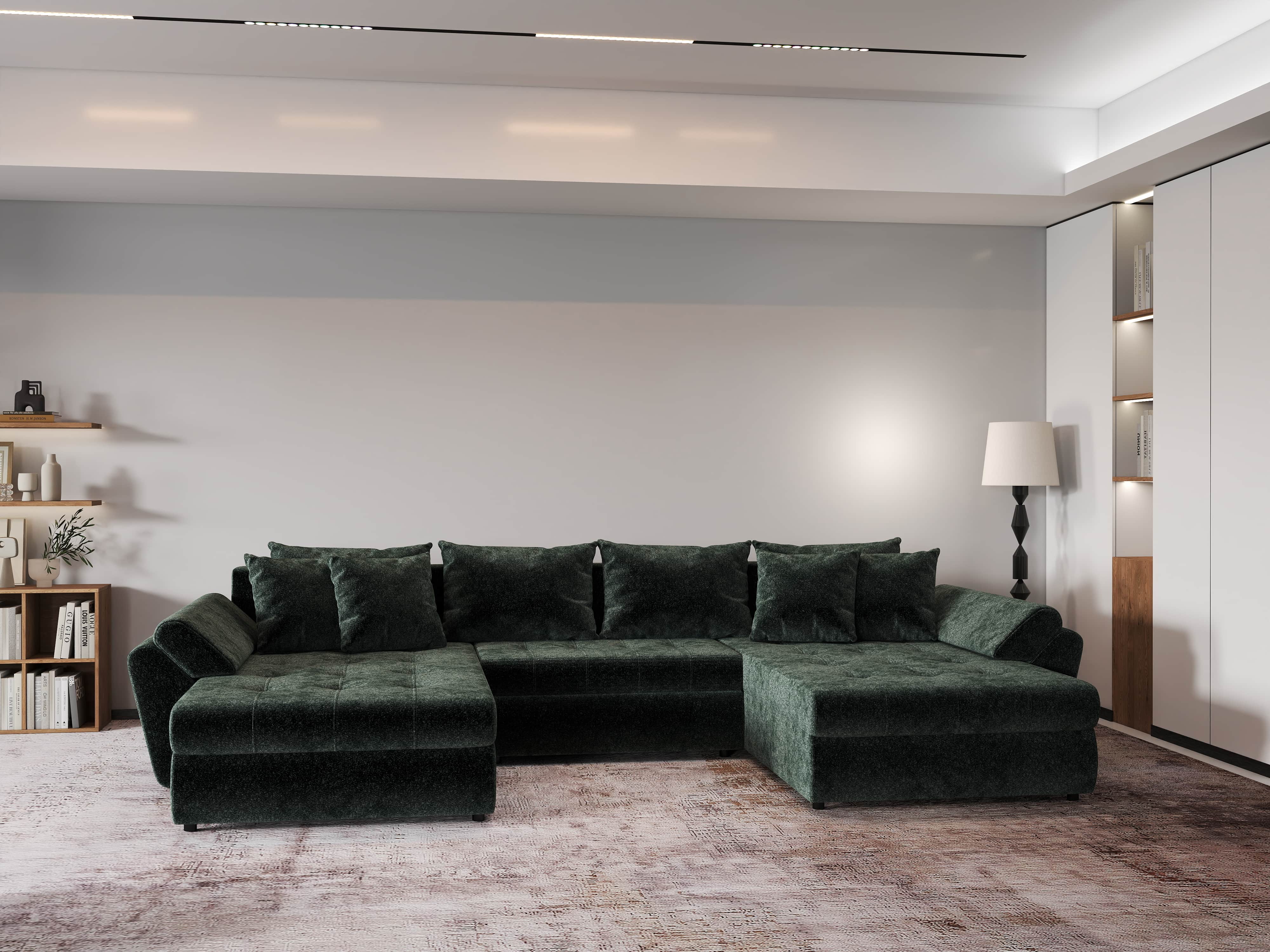 Colțar extensibil dumonde cu ladă de depozitare si sezut confortabil din spuma HR, Loana U Verde Euphoria 355x185 cm Fabrica