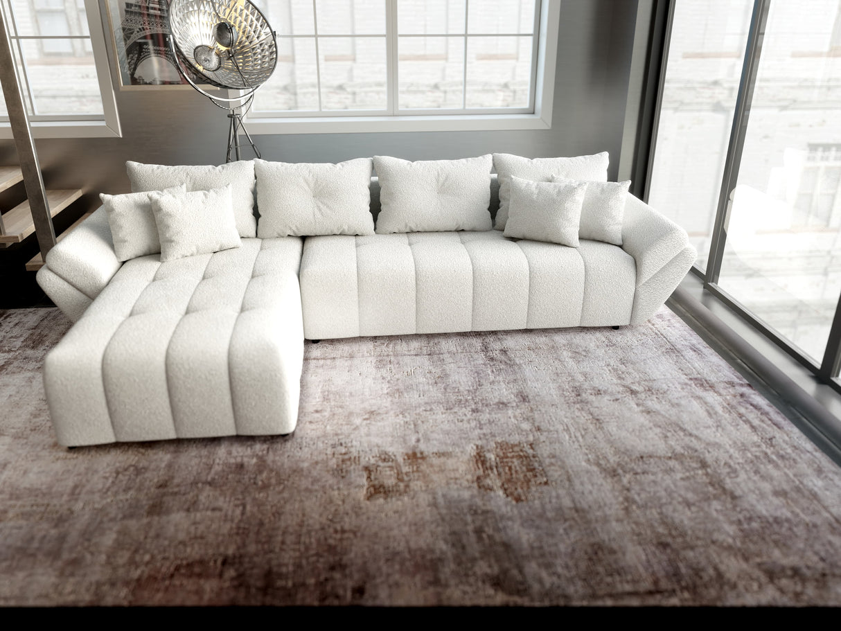 Colțar extensibil dumonde cu ladă de depozitare si sezut confortabil din spuma HR, Berlin XL Euphoria Alb 350x185 cm Fabrica