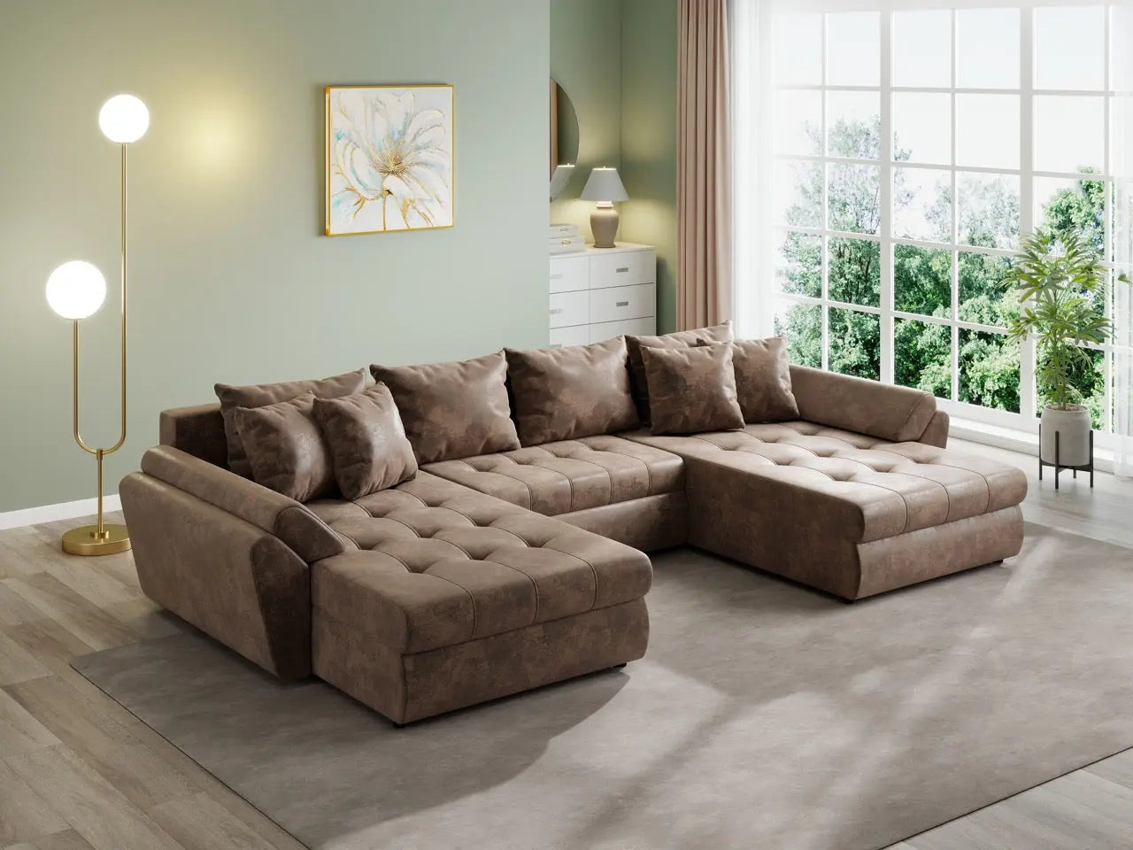 Colțar extensibil dumonde cu ladă de depozitare si sezut confortabil din spuma HR, Loana U Brown 355x185 cm Fabrica