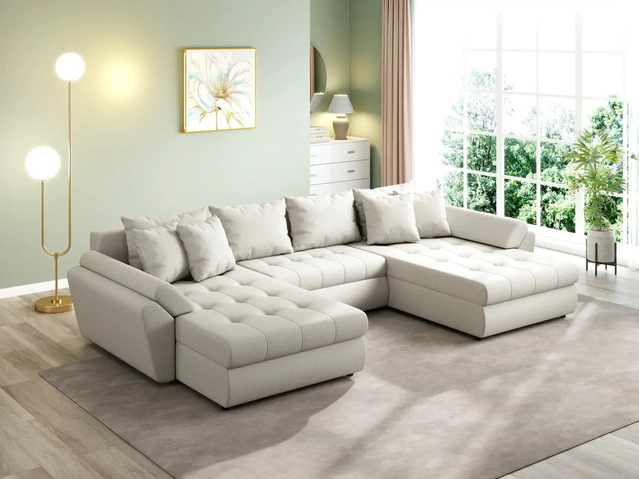 Colțar extensibil dumonde cu ladă de depozitare si sezut confortabil din spuma HR, Loana U Enjoy Bej 355x185 cm Fabrica