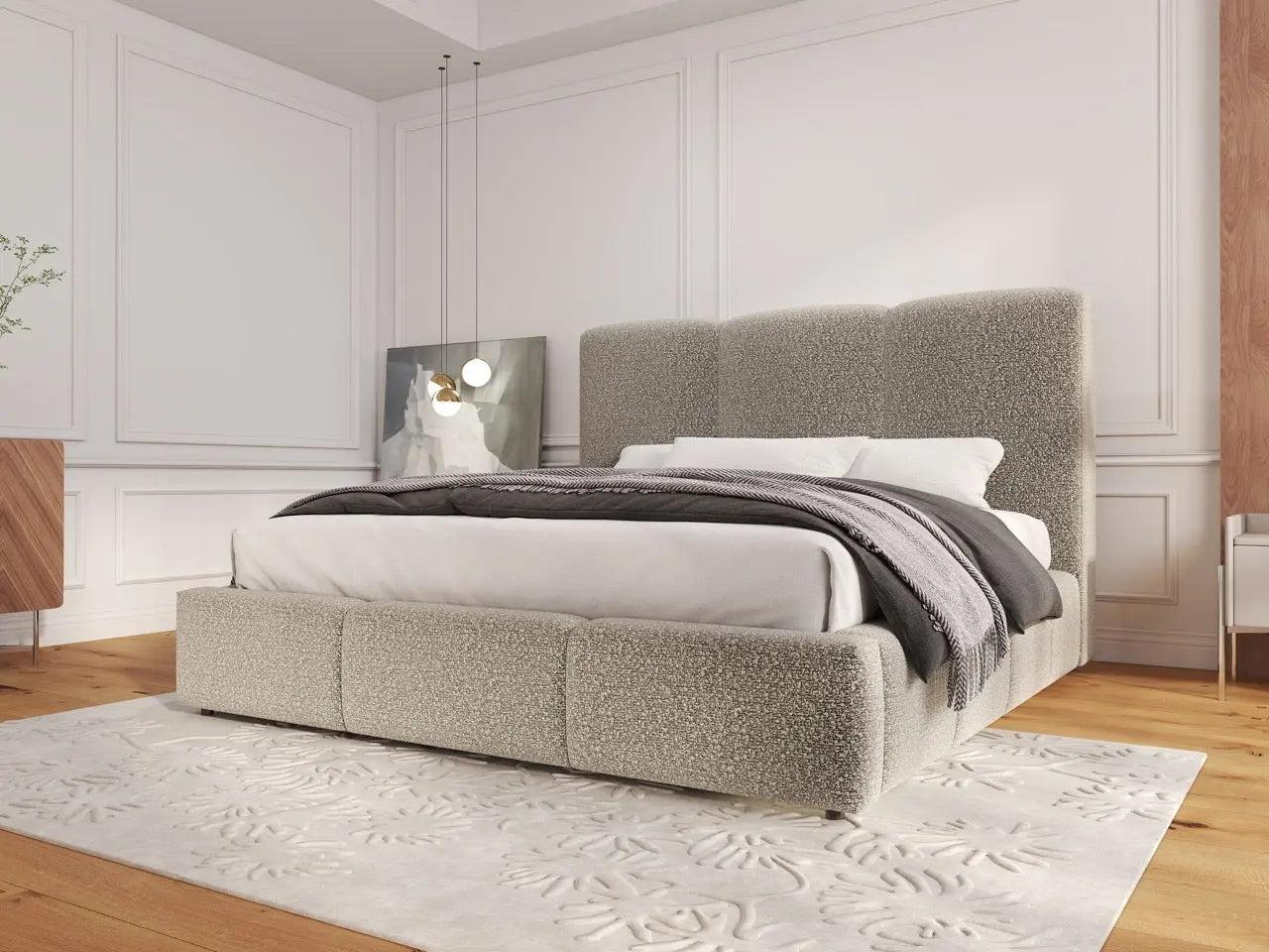 Pat dormitor dumonde, tapitat gri, Dinasty 160x200 cm, somiera rabatabila inclusa, spatiu depozitare WLS