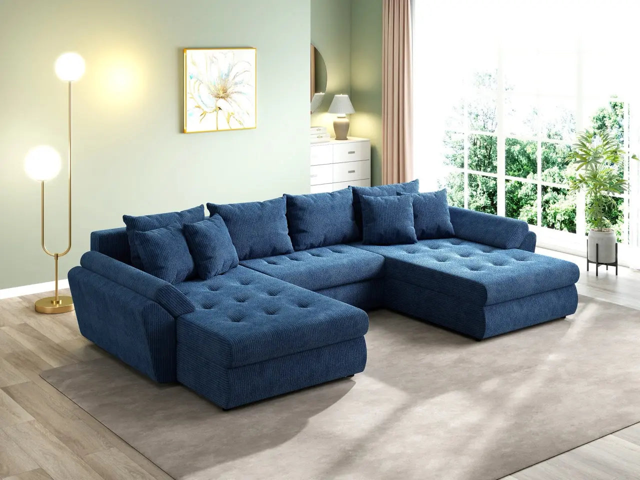 Colțar extensibil dumonde cu ladă de depozitare si sezut confortabil din spuma HR, Loana U Zoom Blue 355x185 cm Fabrica