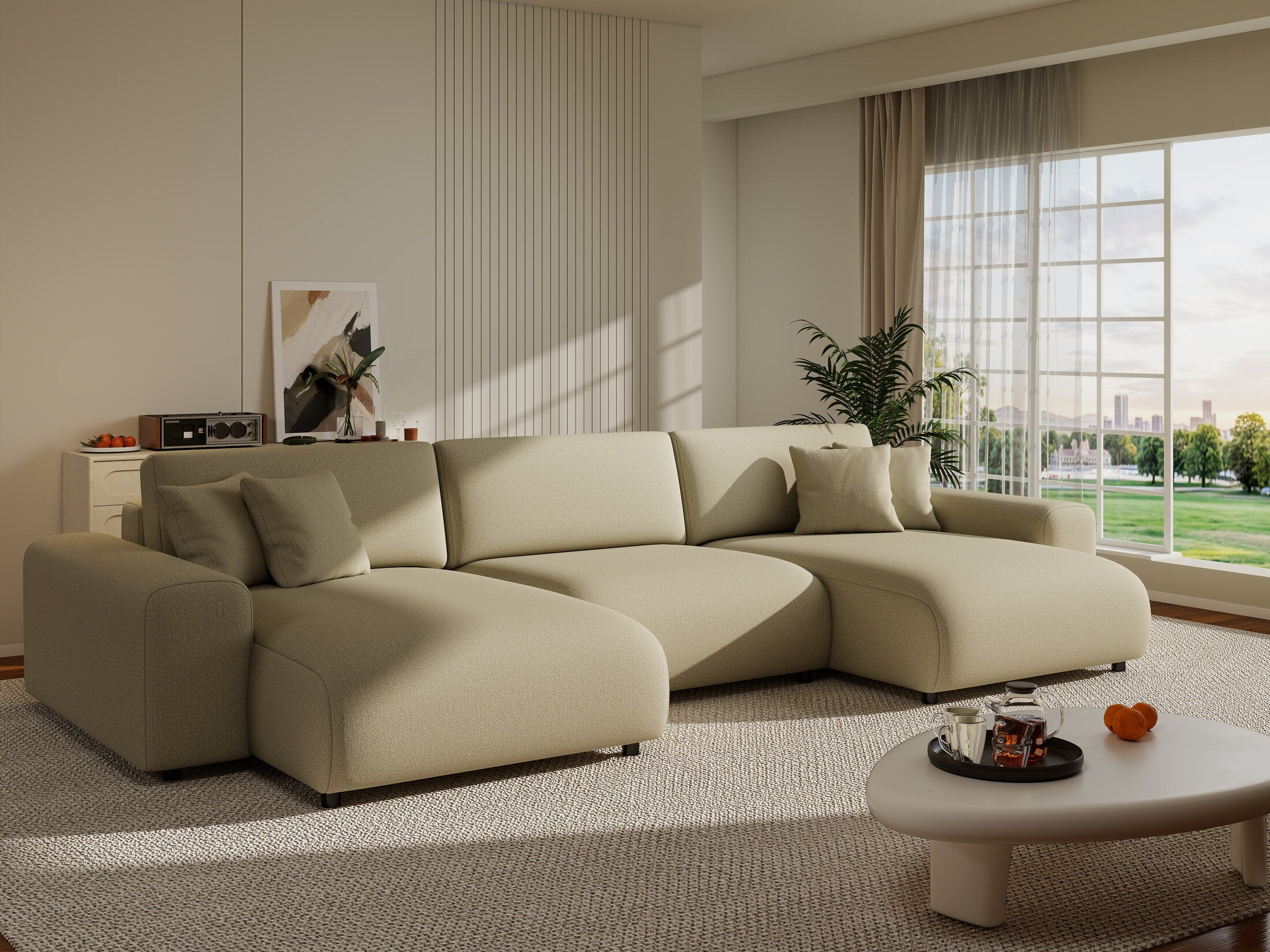 Colțar extensibil dumonde cu ladă de depozitare si sezut confortabil din spuma HR, Sarina U Enjoy Bej 350x168 cm