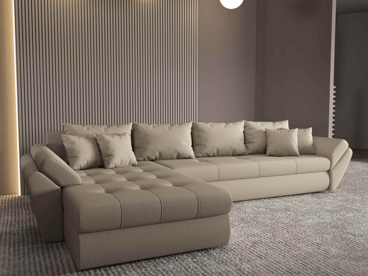 Colțar extensibil dumonde cu ladă de depozitare si sezut confortabil din spuma HR, Loana XL Enjoy Bej 335x185 cm Fabrica