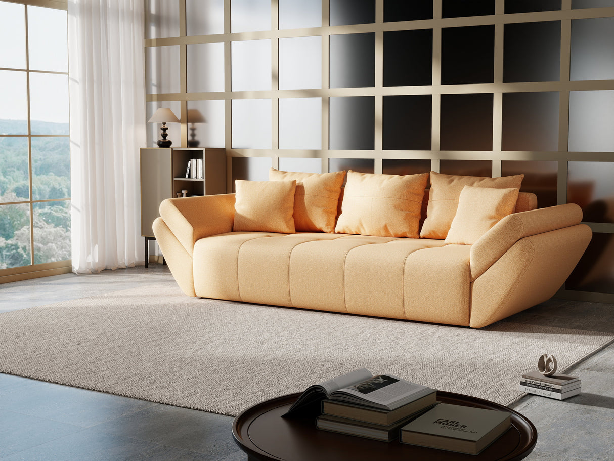 Canapea extensibilă dumonde cu ladă de depozitare si sezut confortabil din spuma HR, Berlin Mango 250x100 cm Fabrica