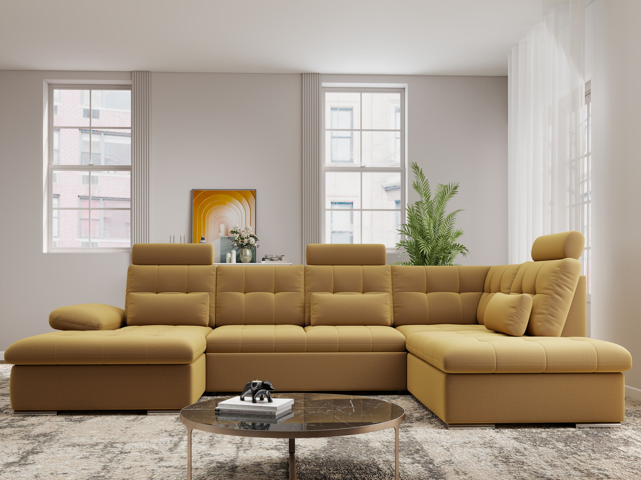 Colțar extensibil dumonde cu ladă de depozitare și șezut confortabil din spumă HR, Merkur U Royal Mustar 324x218 cm