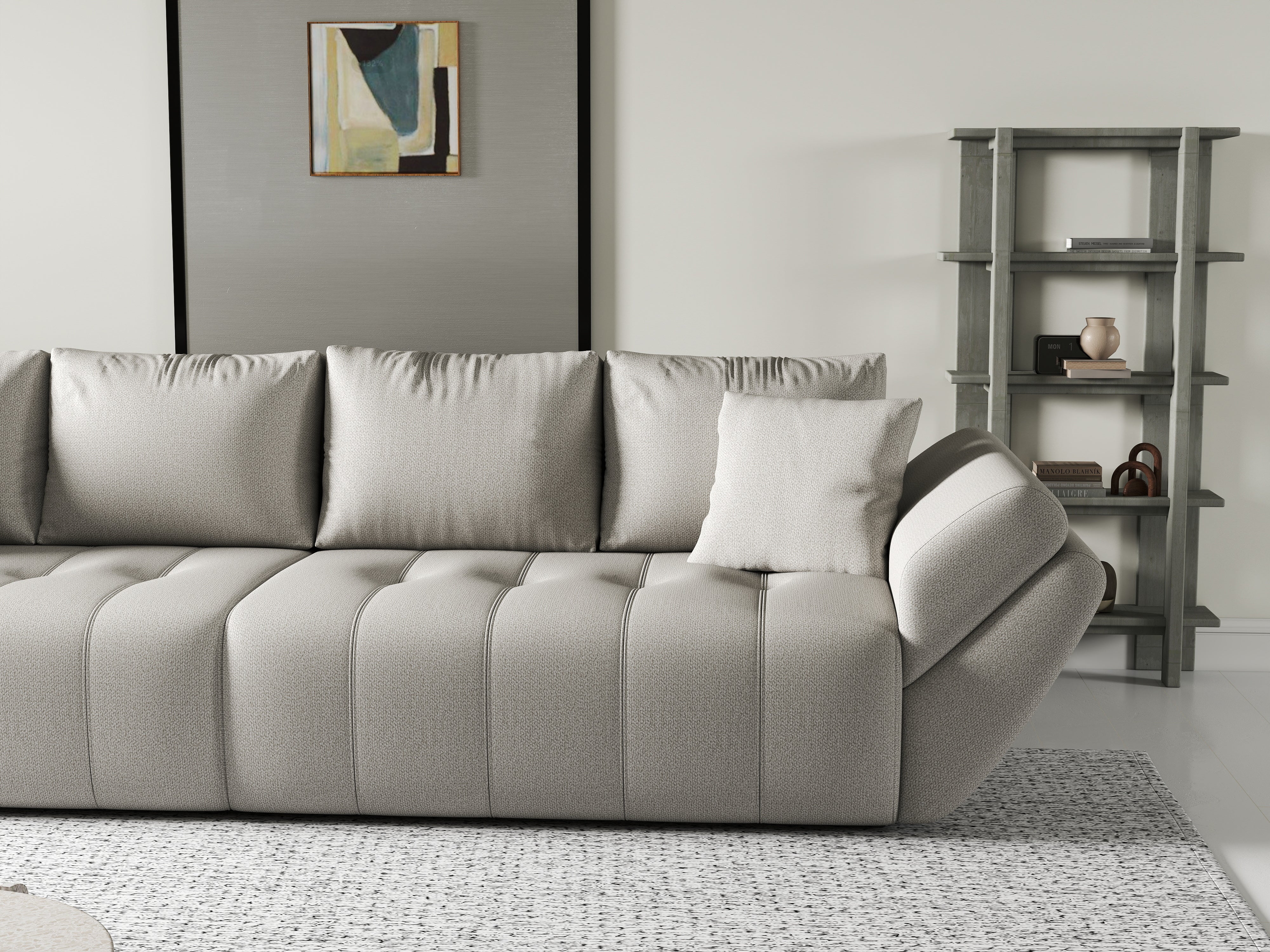 Canapea extensibilă dumonde cu ladă de depozitare si sezut confortabil din spuma HR, Berlin Beige 300x100 cm Fabrica