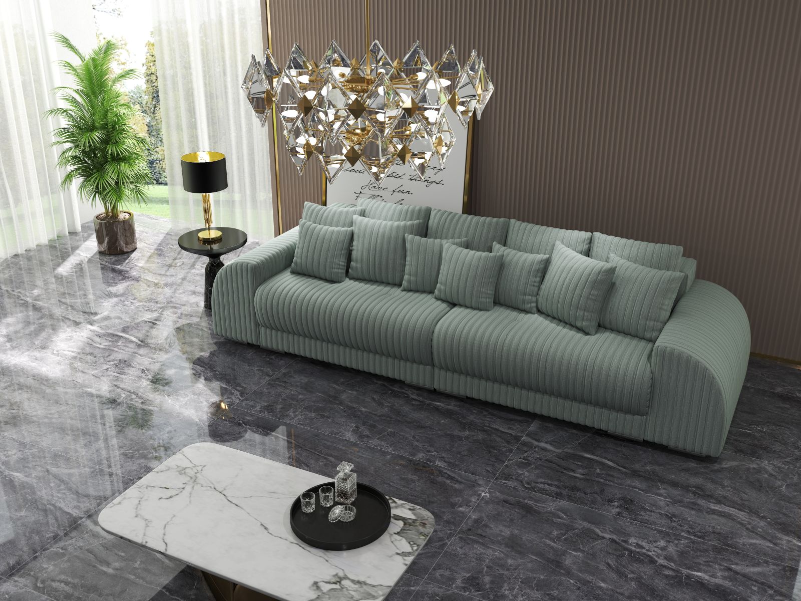 Canapea extensibilă dumonde cu 2 lăzi de depozitare si sezut confortabil din spuma HR, Verona Ambience Sage 310x100 cm Fabrica