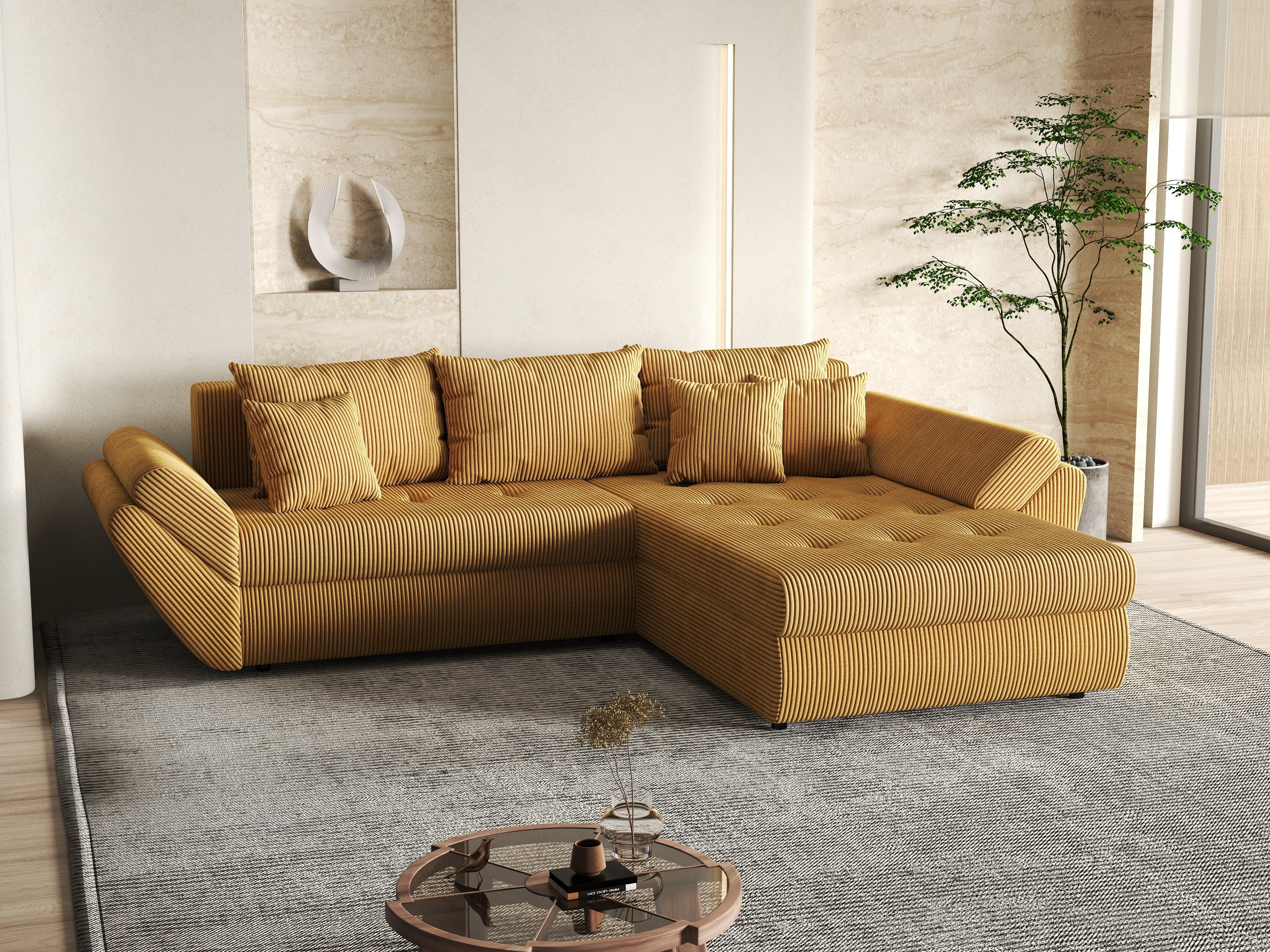 Colțar extensibil dumonde cu ladă de depozitare si sezut confortabil din spuma HR, Loana Zoom Mustar II 270x185 cm Fabrica