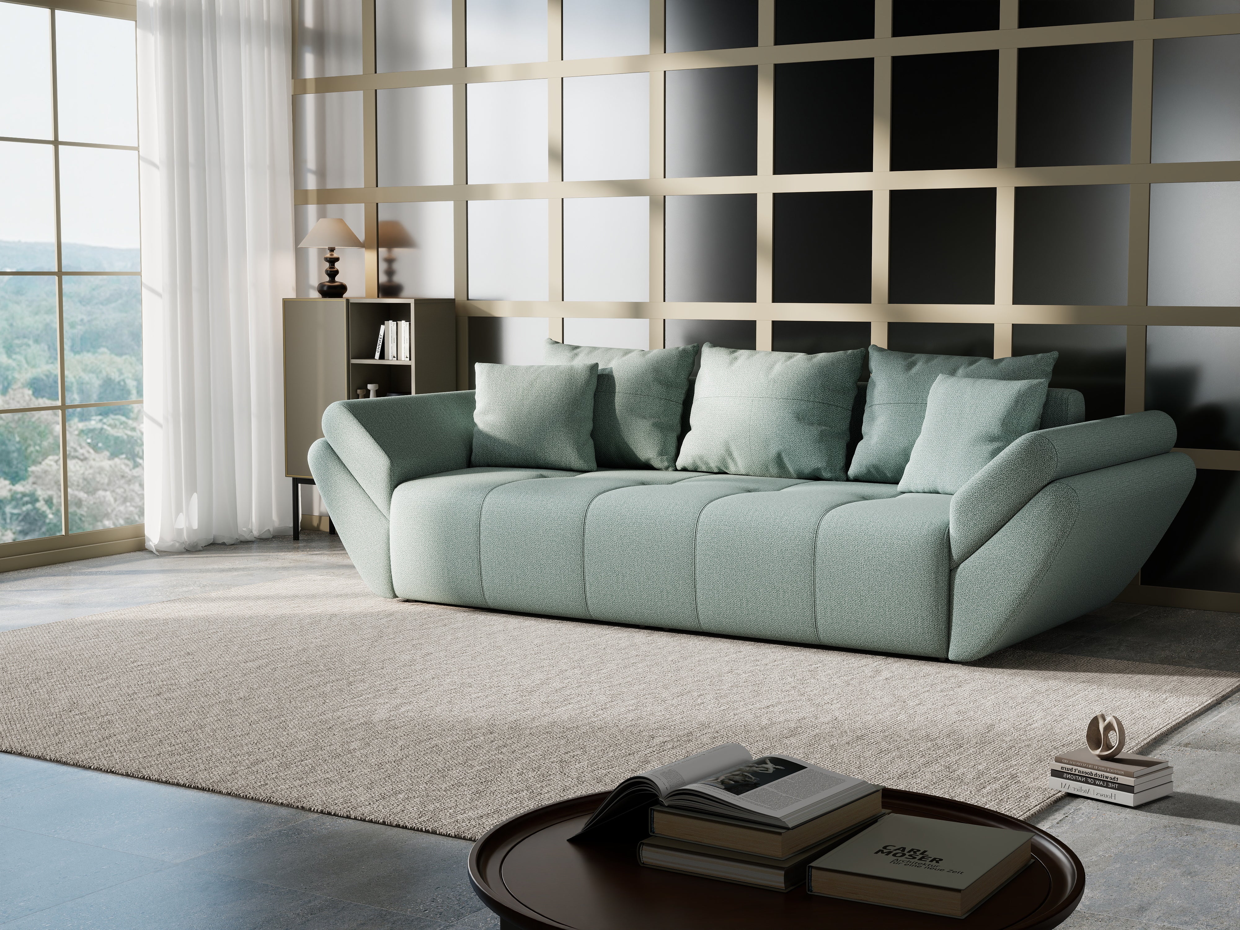 Canapea extensibilă dumonde cu ladă de depozitare si sezut confortabil din spuma HR, Berlin Mint 250x100 cm Fabrica