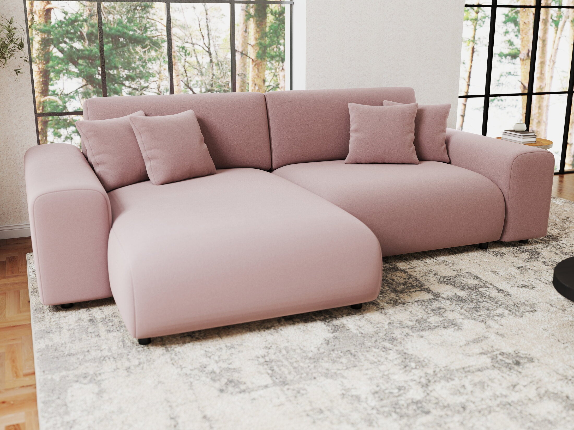 Colțar extensibil dumonde cu ladă de depozitare si sezut confortabil din spuma HR, Sarina Royal Roz 255x168 cm