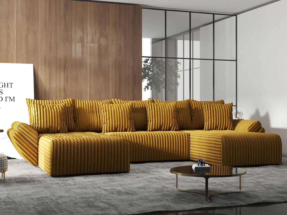 Colțar extensibil dumonde cu ladă de depozitare si sezut confortabil din spuma HR, Berlin U Mustar 380x180 cm Fabrica