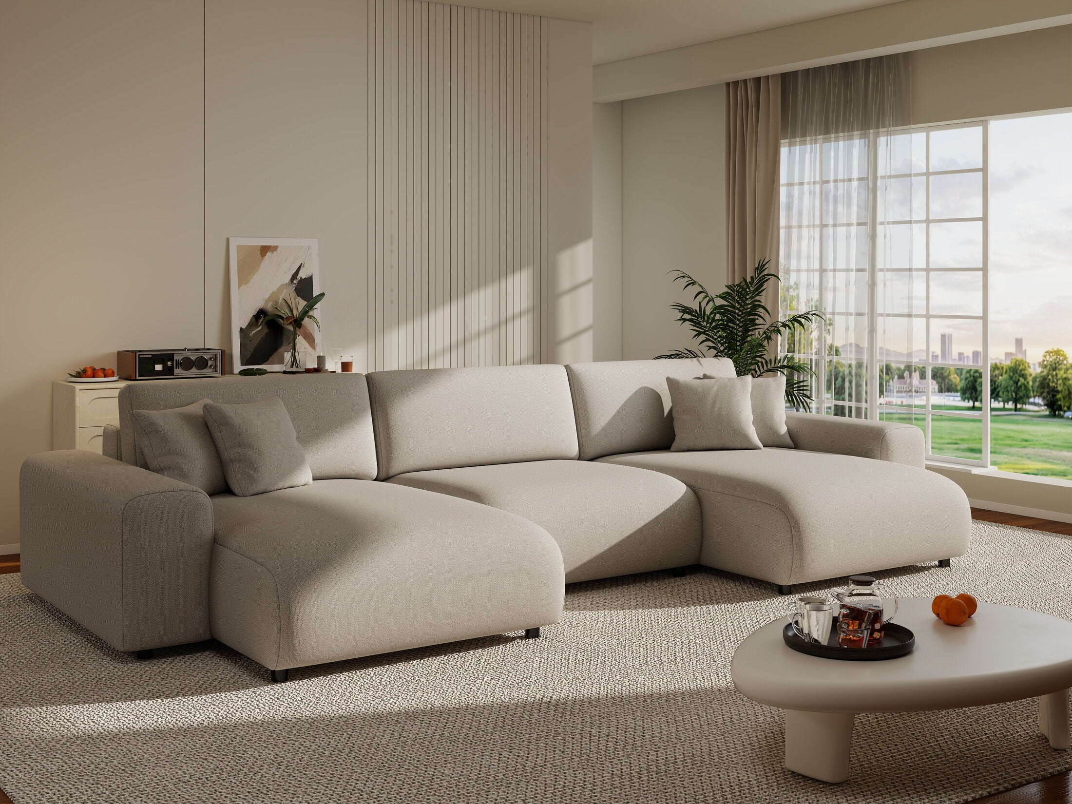 Colțar extensibil dumonde cu ladă de depozitare si sezut confortabil din spuma HR, Sarina U Enjoy Bej 350x168 cm