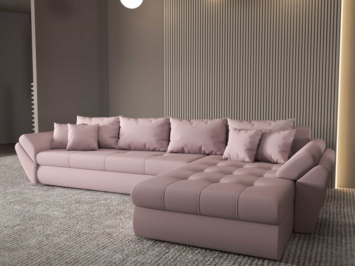 Colțar extensibil dumonde cu ladă de depozitare si sezut confortabil din spuma HR, Loana XL Enjoy Roz II 335x185 cm Fabrica