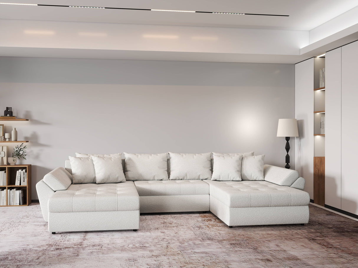 Colțar extensibil dumonde cu ladă de depozitare si sezut confortabil din spuma HR, Loana U Bej Euphoria 355x185 cm Fabrica