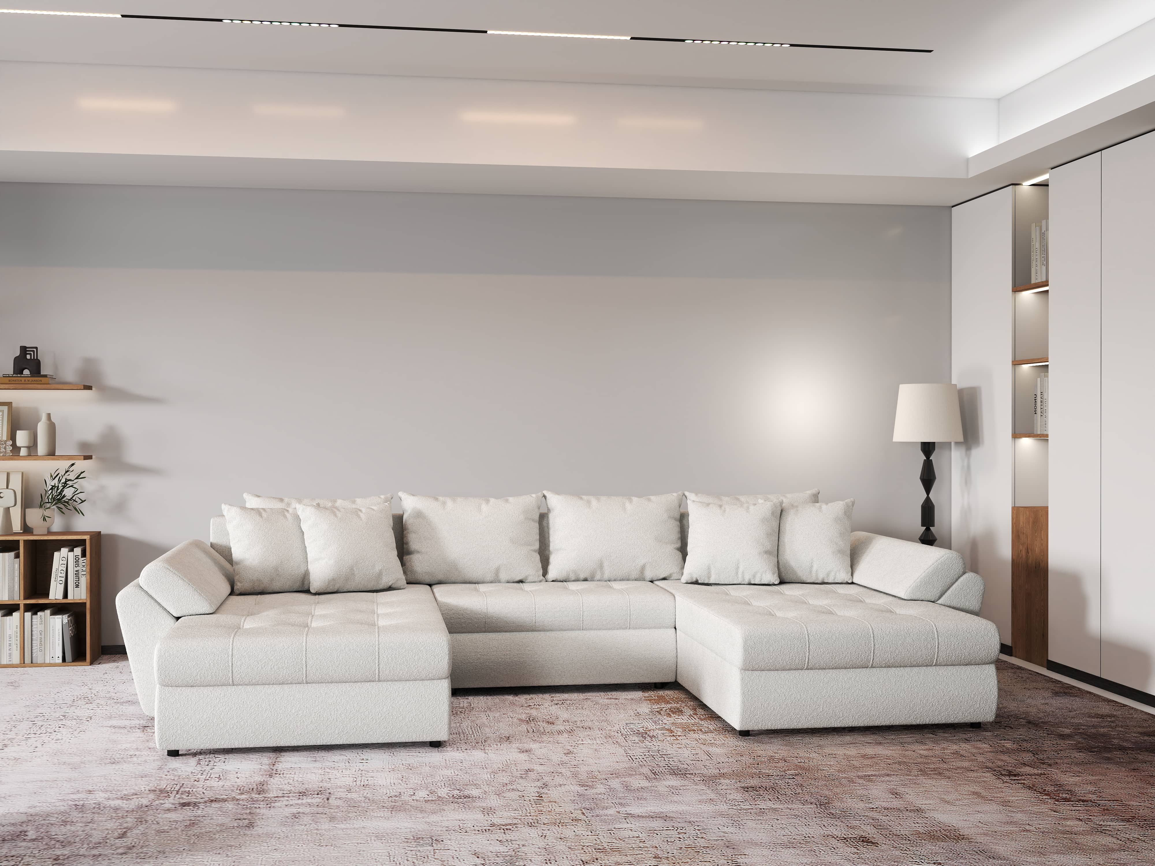Colțar extensibil dumonde cu ladă de depozitare si sezut confortabil din spuma HR, Loana U Bej Euphoria 355x185 cm Fabrica