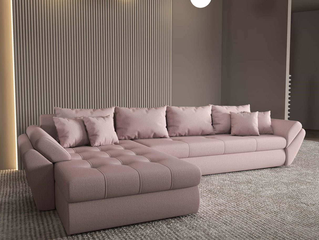 Colțar extensibil dumonde cu ladă de depozitare si sezut confortabil din spuma HR, Loana XL Enjoy Roz 335x185 cm Fabrica