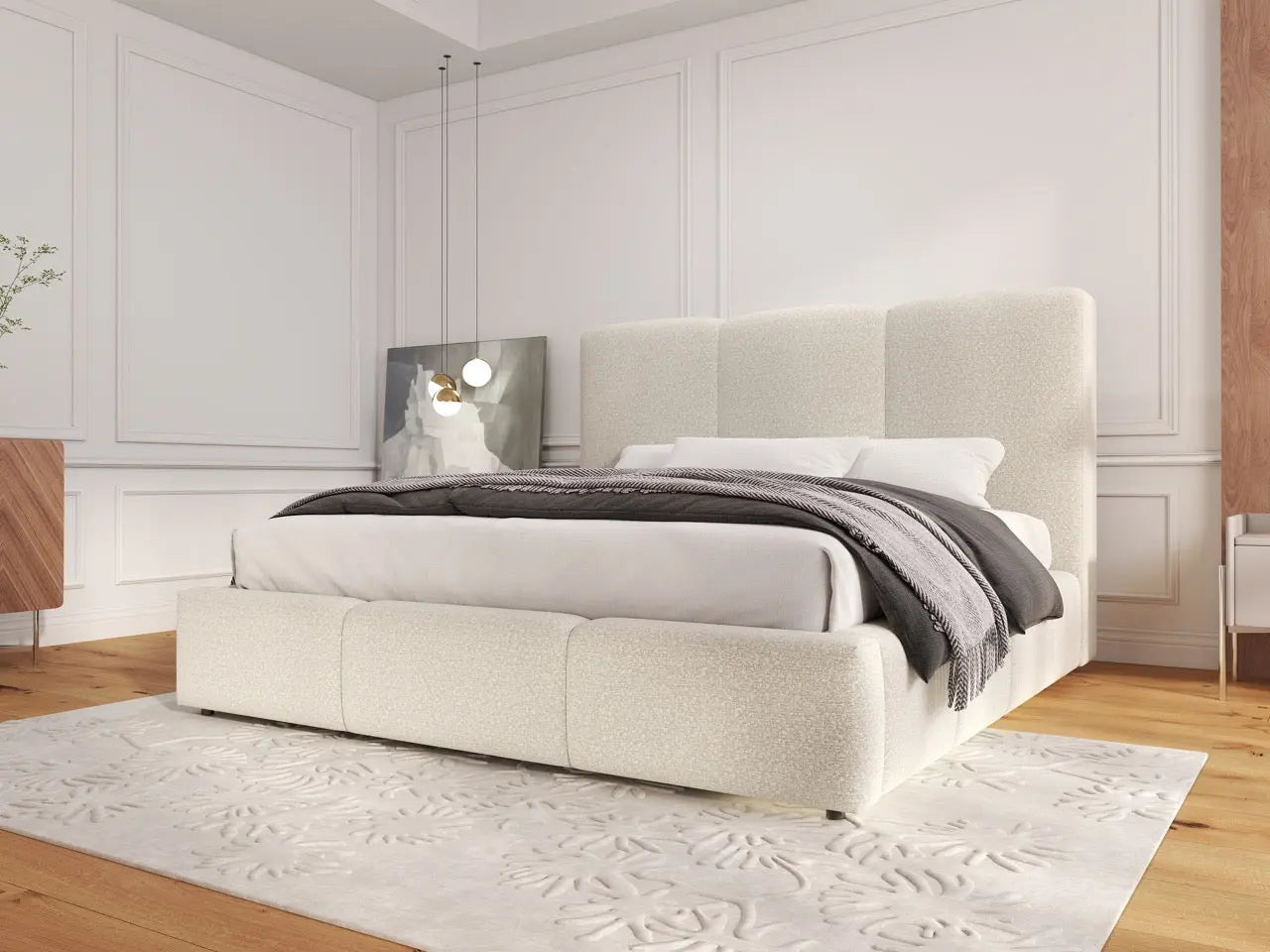 Pat dormitor dumonde, tapitat bej, Dinasty 140x200 cm, somiera rabatabila inclusa, spatiu depozitare WLS