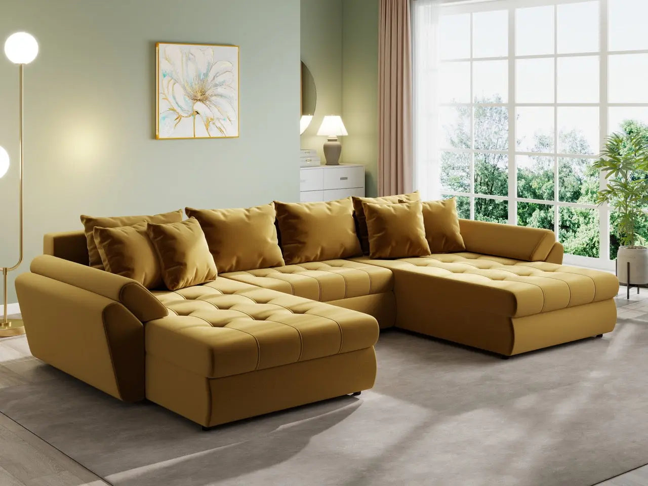 Colțar extensibil dumonde cu ladă de depozitare si sezut confortabil din spuma HR, Loana U Royal Mustar 355x185 cm Fabrica