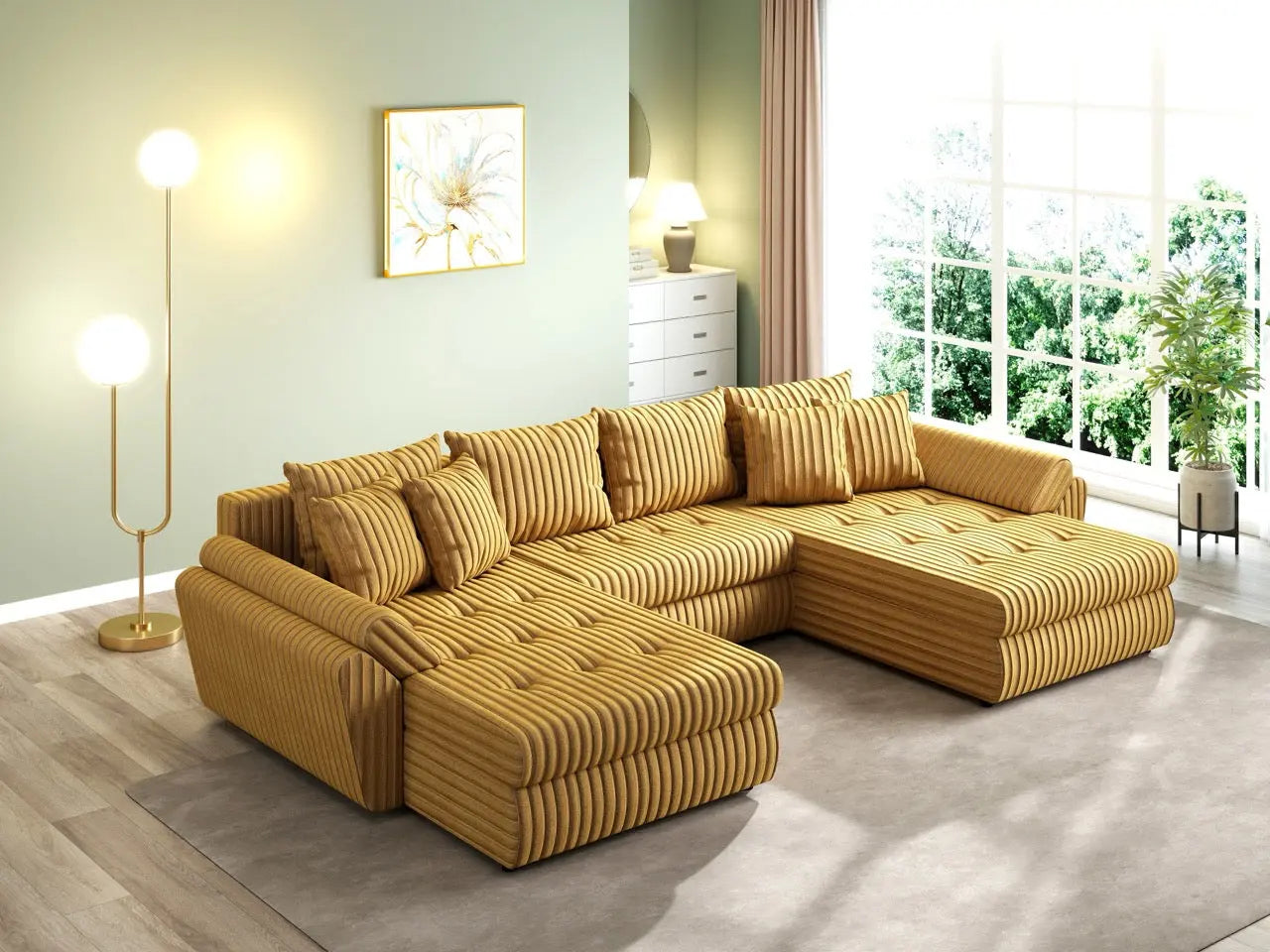 Colțar extensibil dumonde cu ladă de depozitare si sezut confortabil din spuma HR, Loana U Ambience Mustar 355x185 cm Fabrica