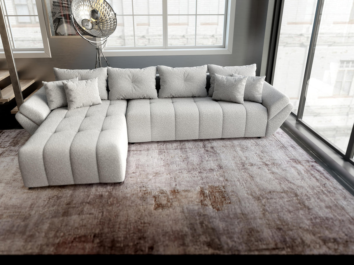 Colțar extensibil dumonde cu ladă de depozitare si sezut confortabil din spuma HR, Berlin XL Euphoria Grey 350x185 cm Fabrica
