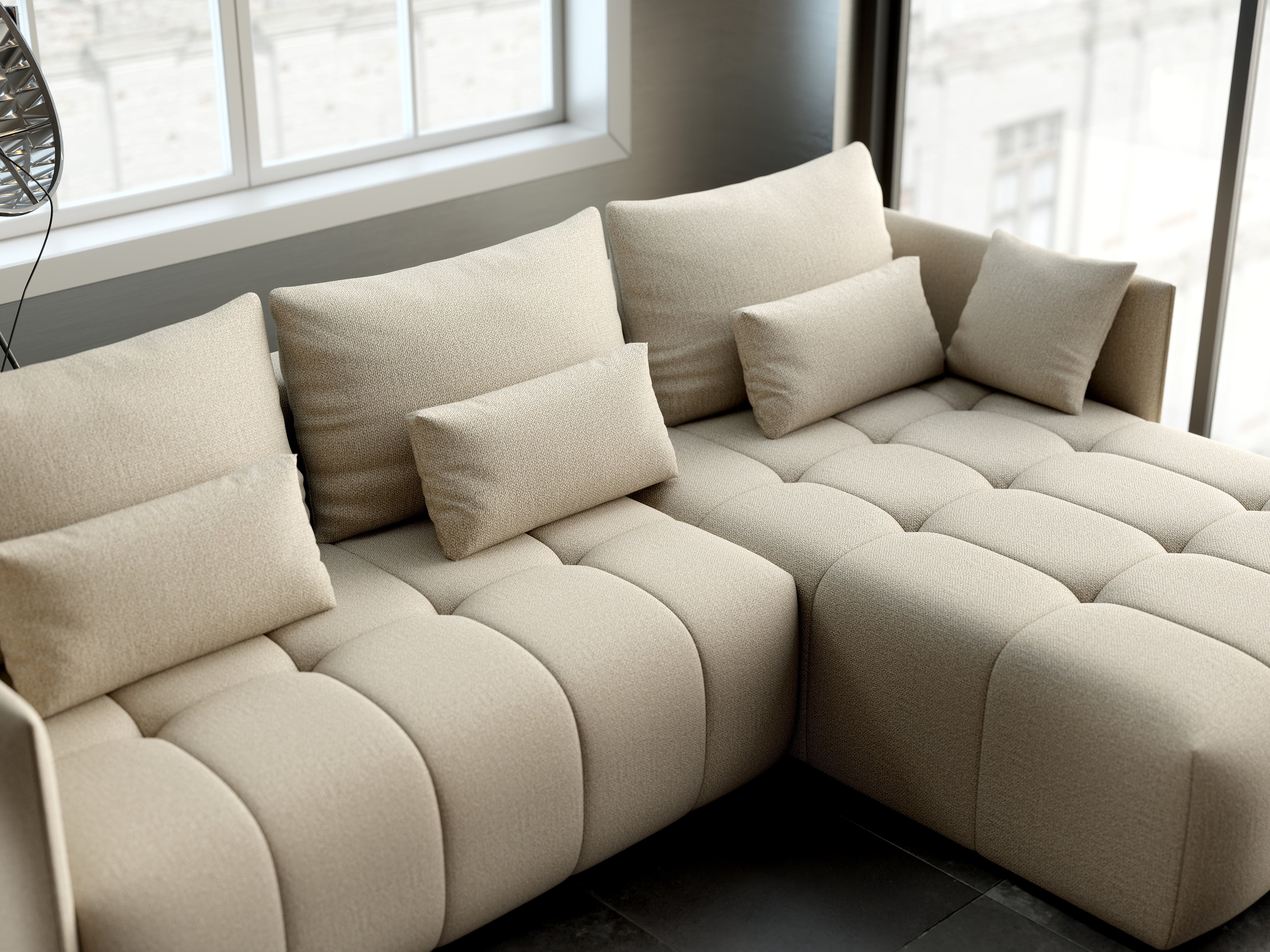 Colțar extensibil dumonde cu ladă de depozitare si sezut confortabil din spuma HR, Malta Bej II 235x185 cm Fabrica