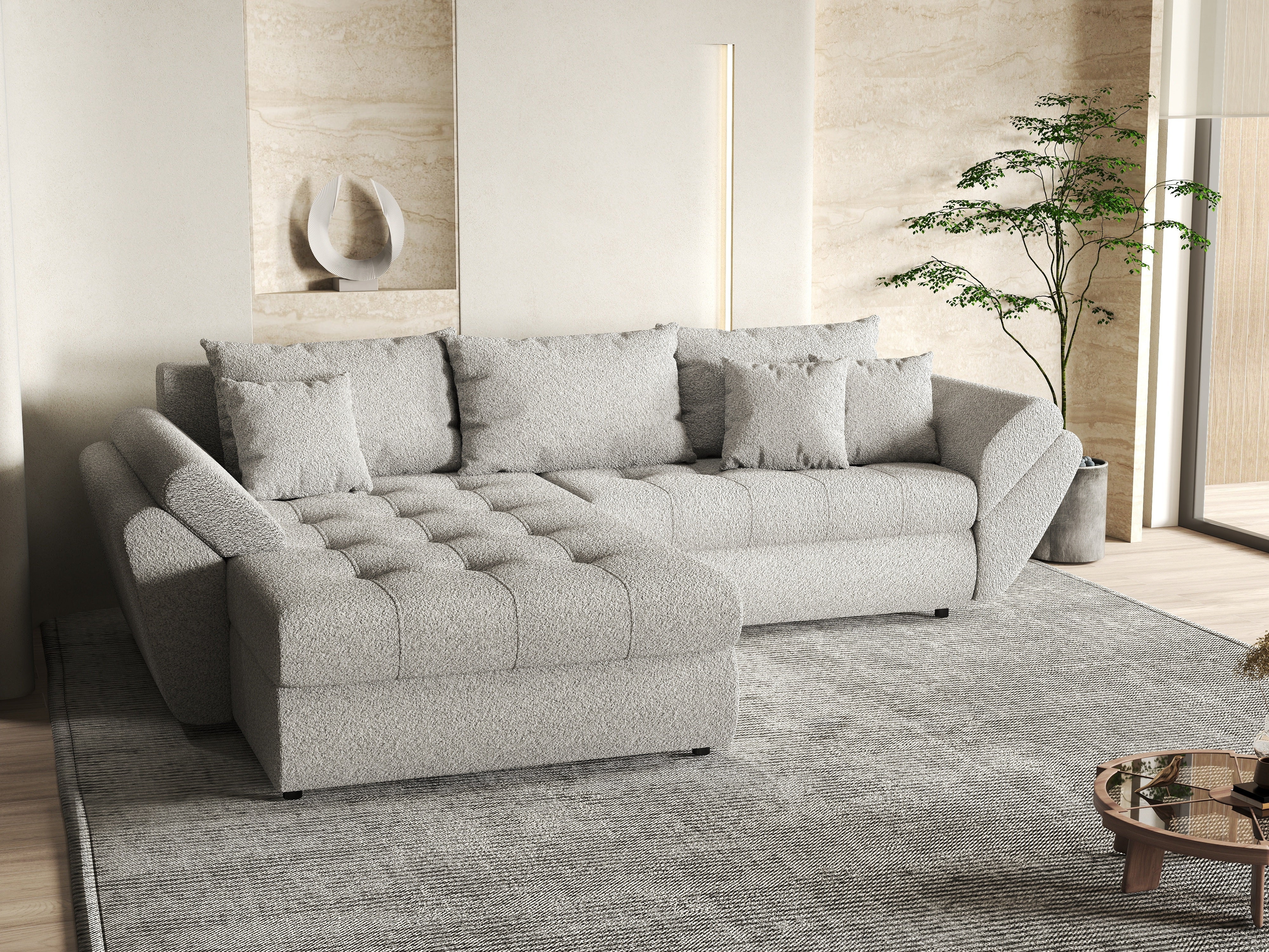 Colțar extensibil dumonde cu ladă de depozitare si sezut confortabil din spuma HR, Loana Euphoria Dove 270x185 cm Fabrica
