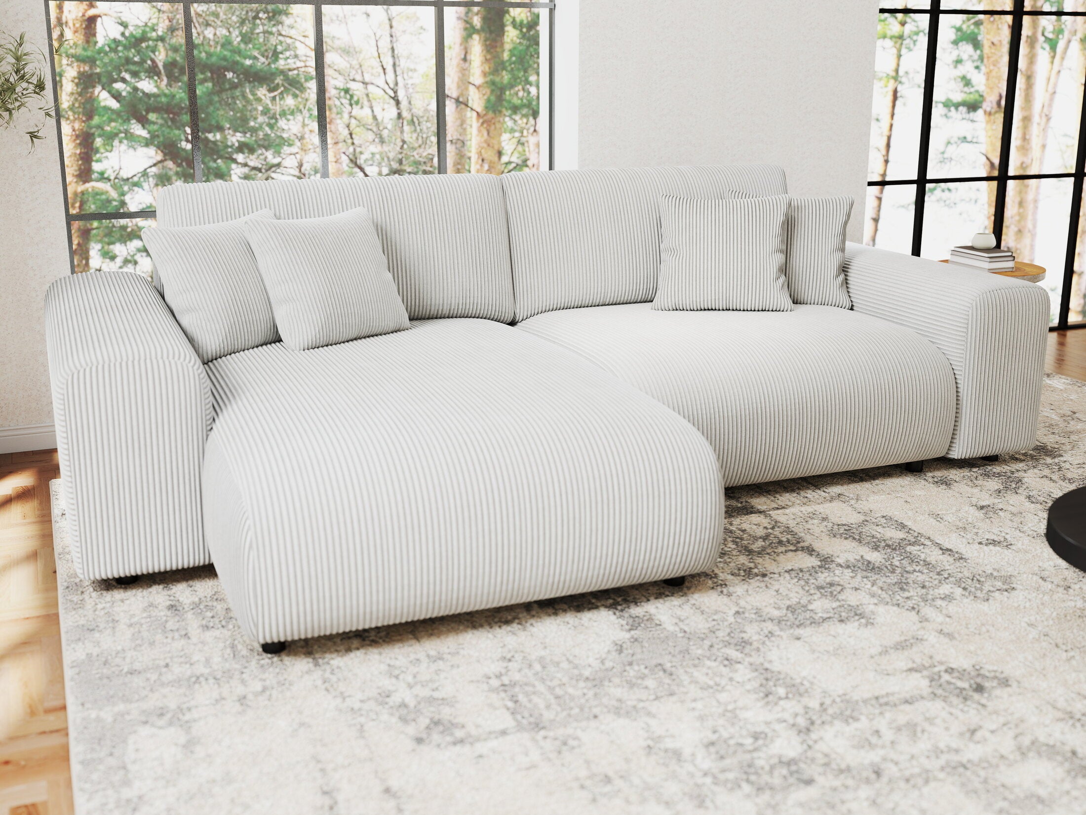 Colțar extensibil dumonde cu ladă de depozitare si sezut confortabil din spuma HR, Sarina Zoom Gri 255x168 cm