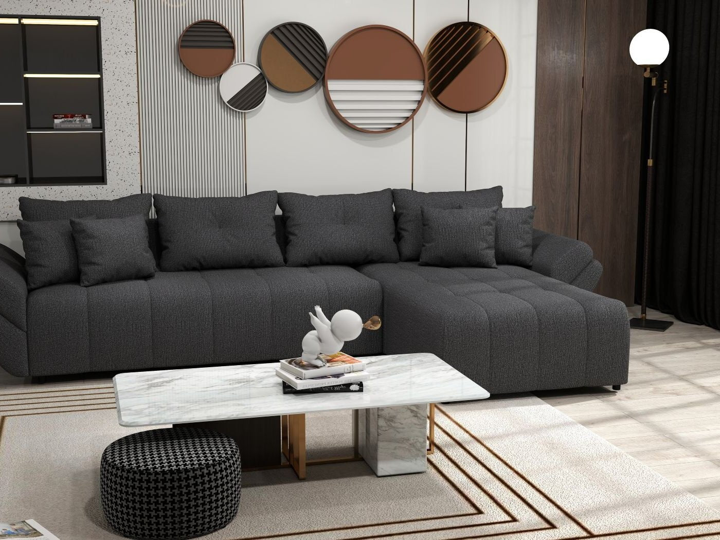 Colțar extensibil dumonde cu ladă de depozitare si sezut confortabil din spuma HR, Berlin XL Enjoy Graphite 350x185 cm Fabrica