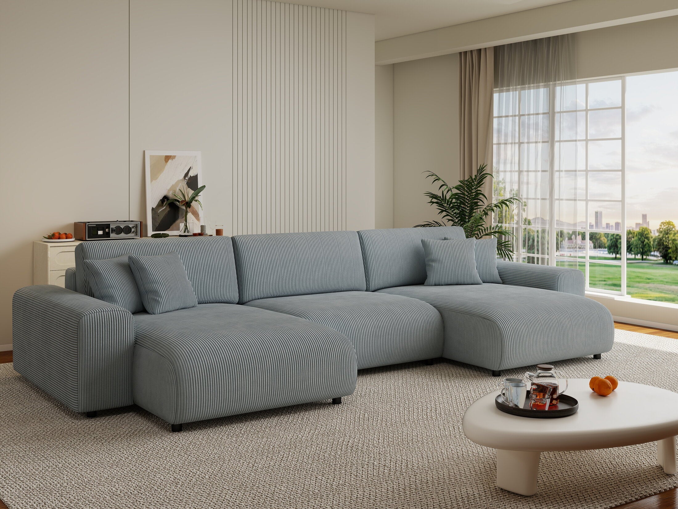 Colțar extensibil dumonde cu ladă de depozitare si sezut confortabil din spuma HR, Sarina U Zoom Gri Mint 350x168 cm