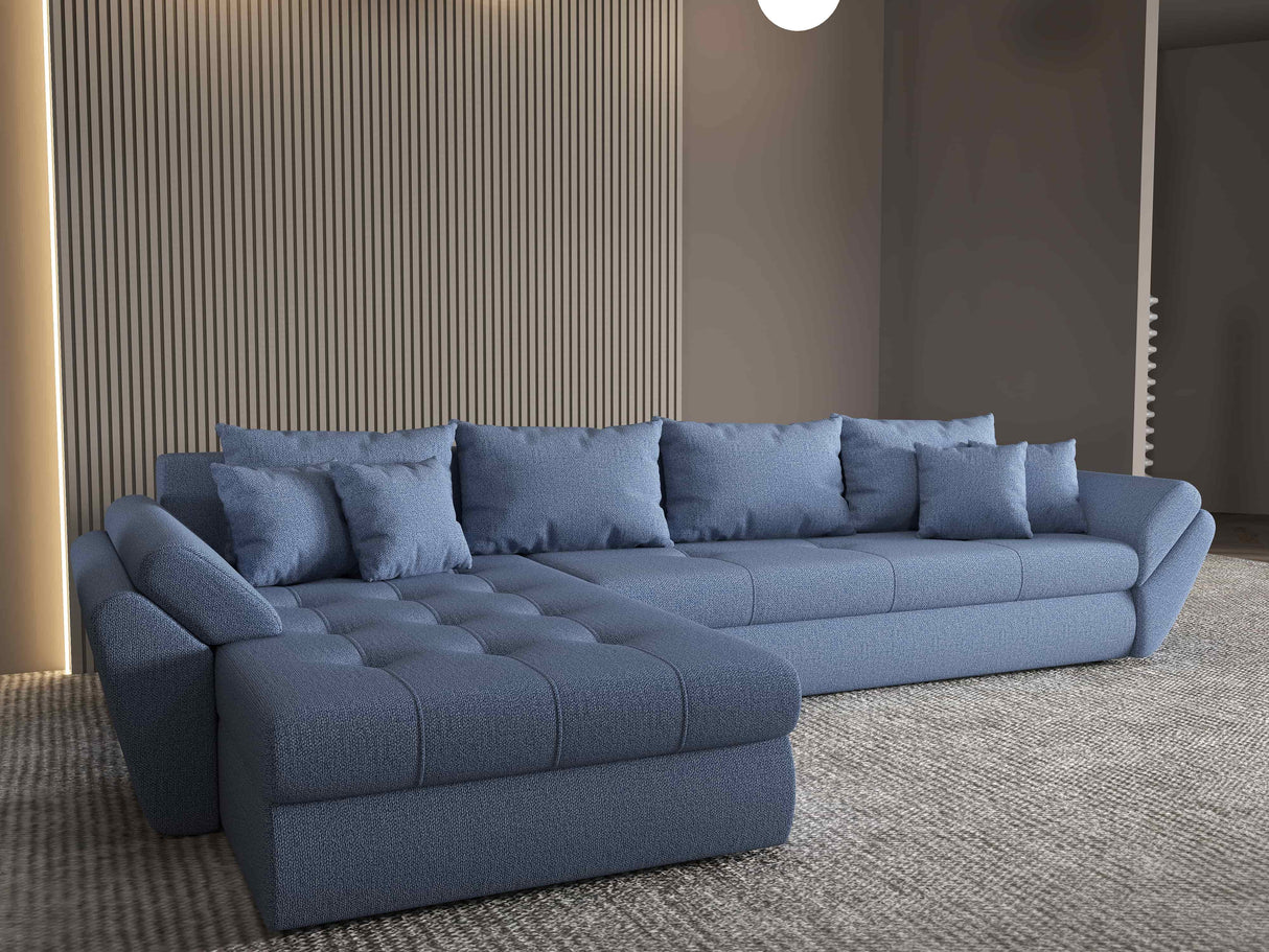 Colțar extensibil dumonde cu ladă de depozitare si sezut confortabil din spuma HR, Loana XL Enjoy Albastru 335x185 cm Fabrica