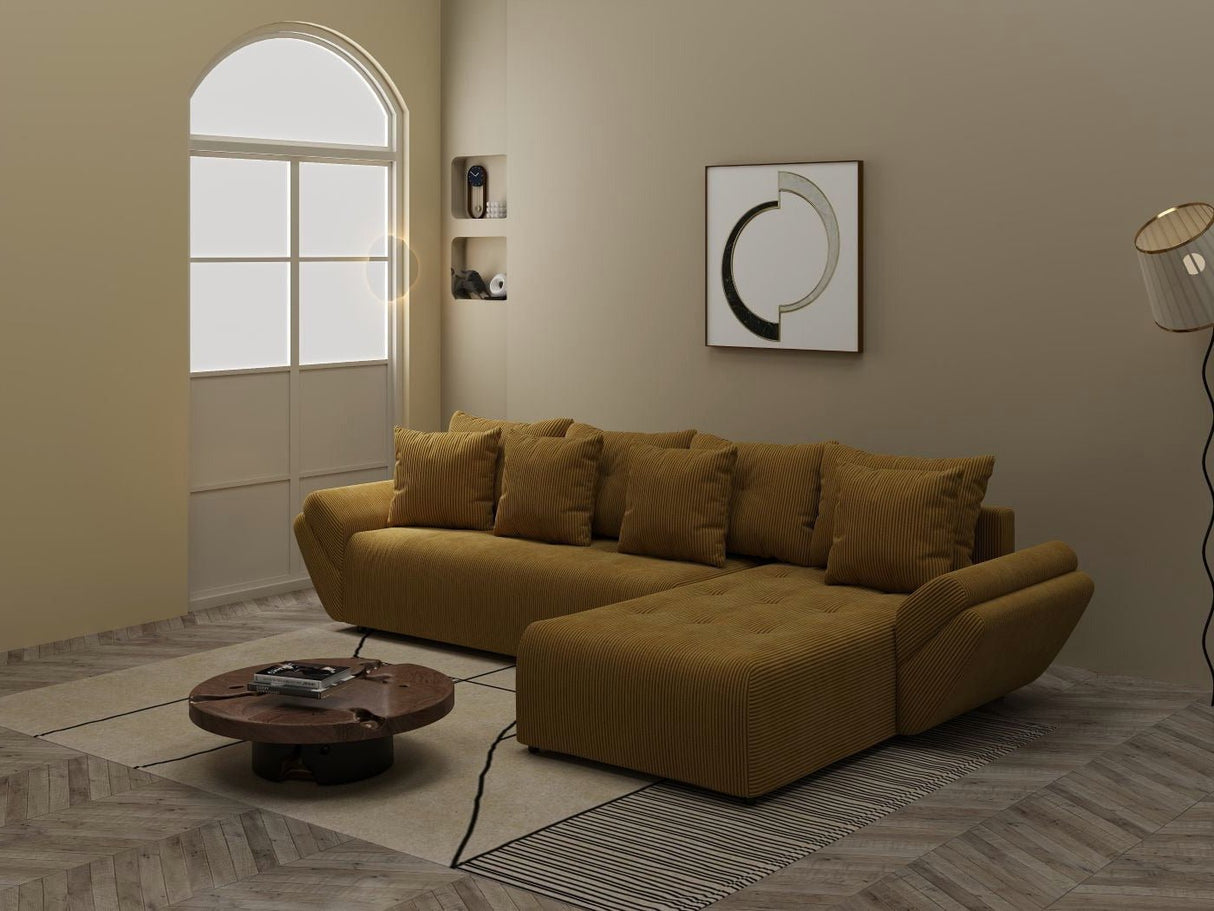 Colțar extensibil dumonde cu ladă de depozitare si sezut confortabil din spuma HR, Berlin XL Zoom Mustar 350x185 cm II Fabrica