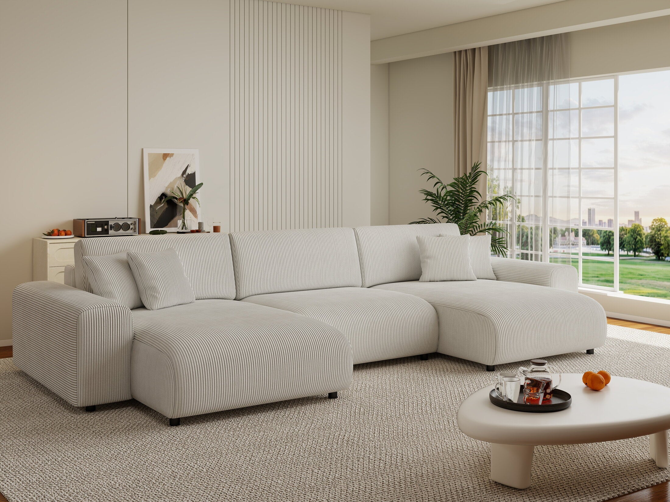 Colțar extensibil dumonde cu ladă de depozitare si sezut confortabil din spuma HR, Sarina U Zoom Gri 350x168 cm