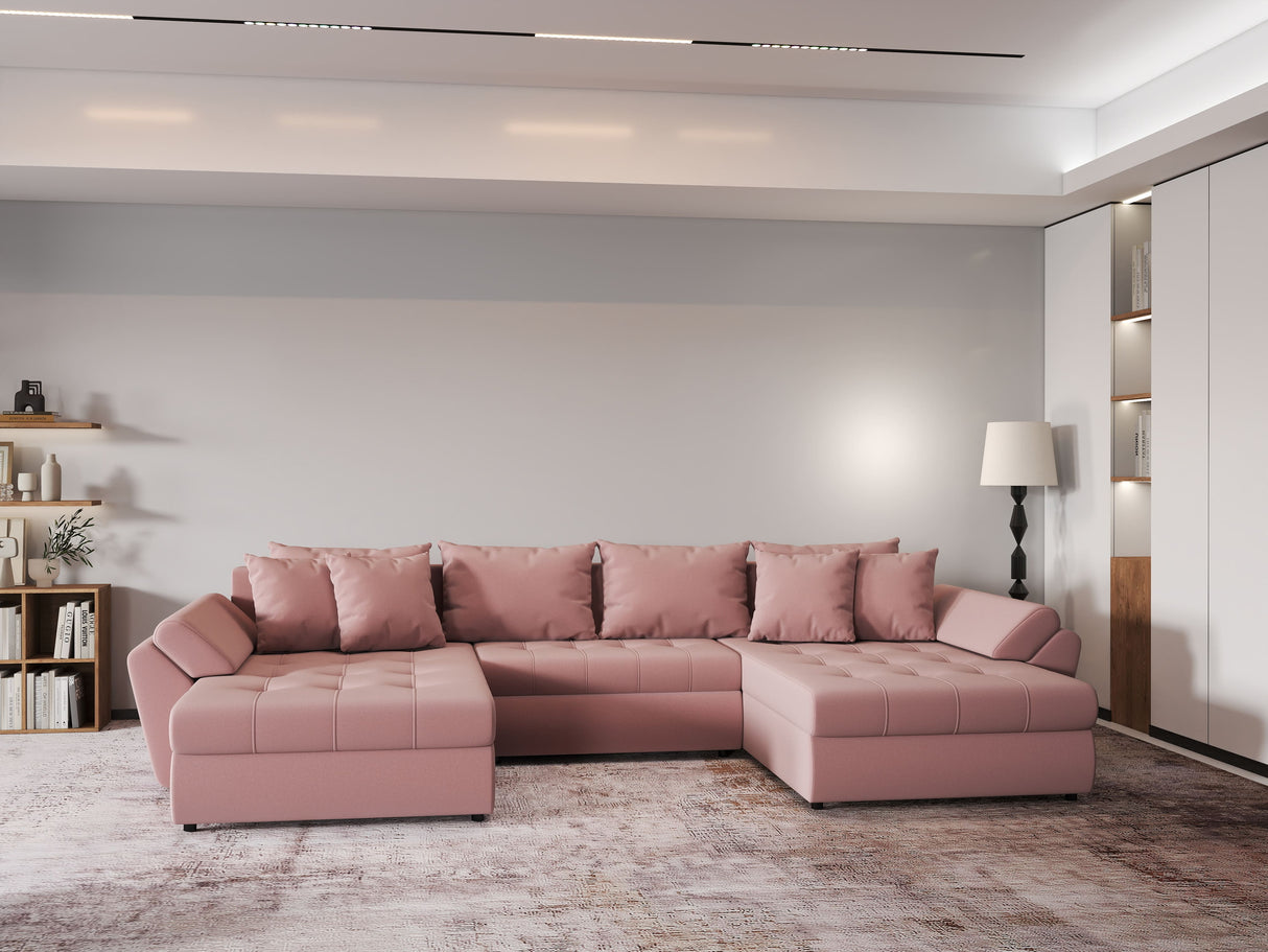 Colțar extensibil dumonde cu ladă de depozitare si sezut confortabil din spuma HR, Loana Royal Roz U 355x185 cm Fabrica