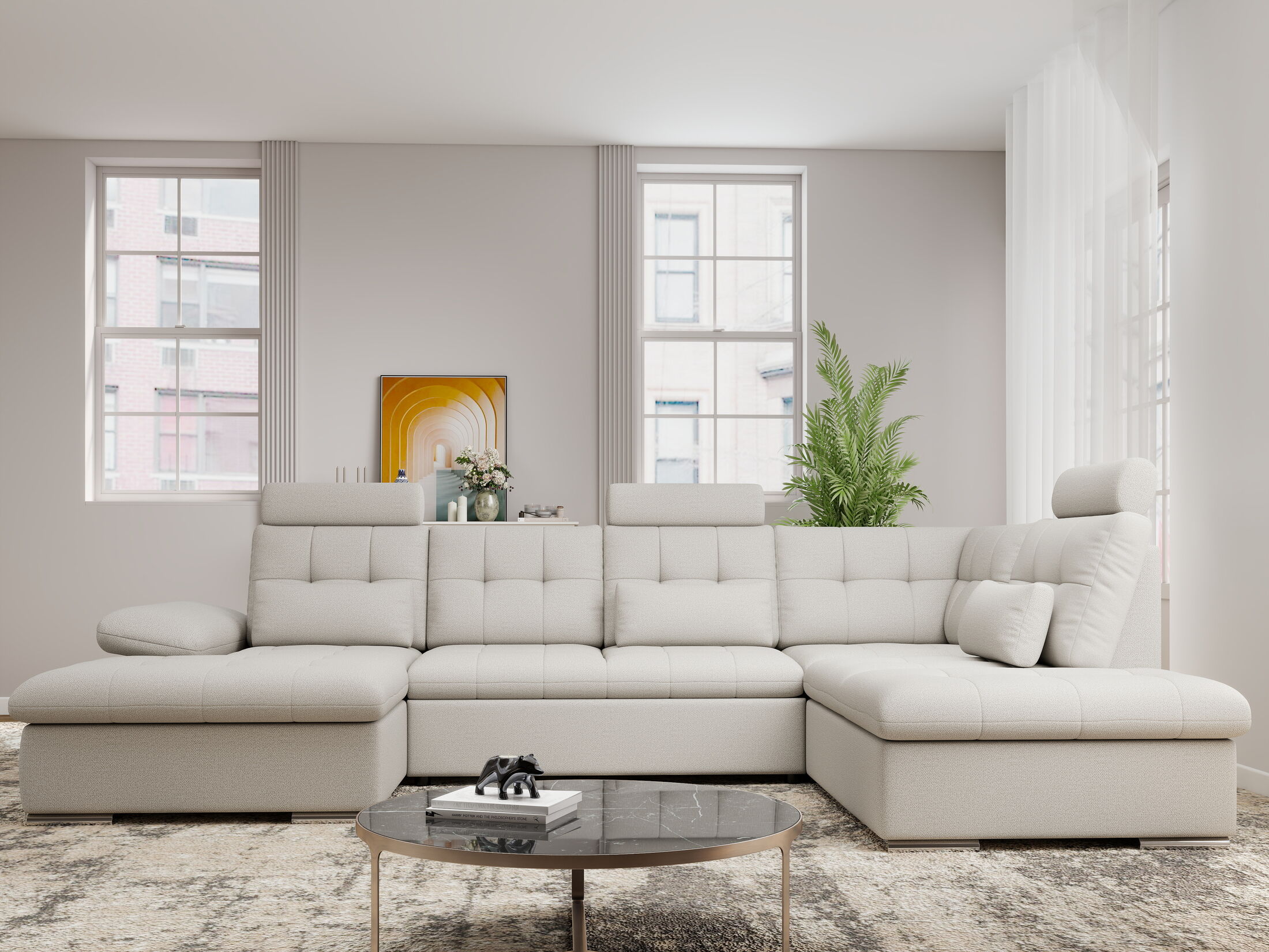 Colțar extensibil dumonde cu ladă de depozitare și șezut confortabil din spumă HR, Merkur U Enjoy Bej 324x218 cm