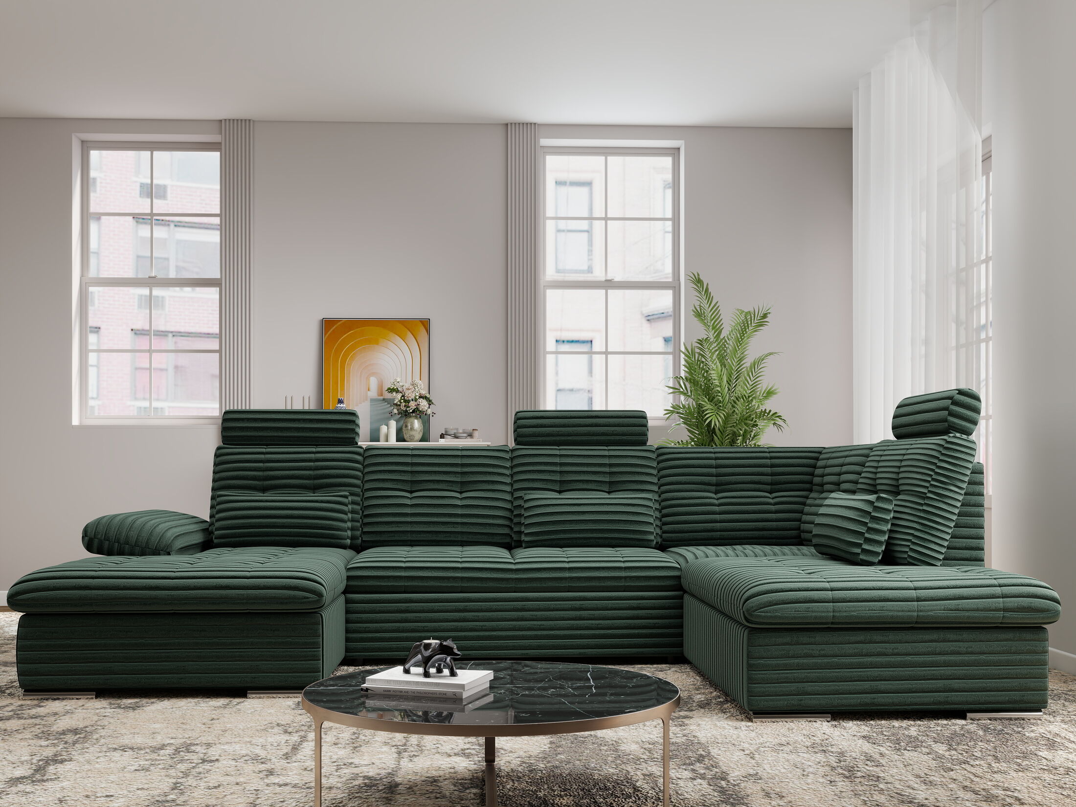 Colțar extensibil dumonde cu ladă de depozitare și șezut confortabil din spumă HR, Merkur U Ambience Verde 324x218 cm