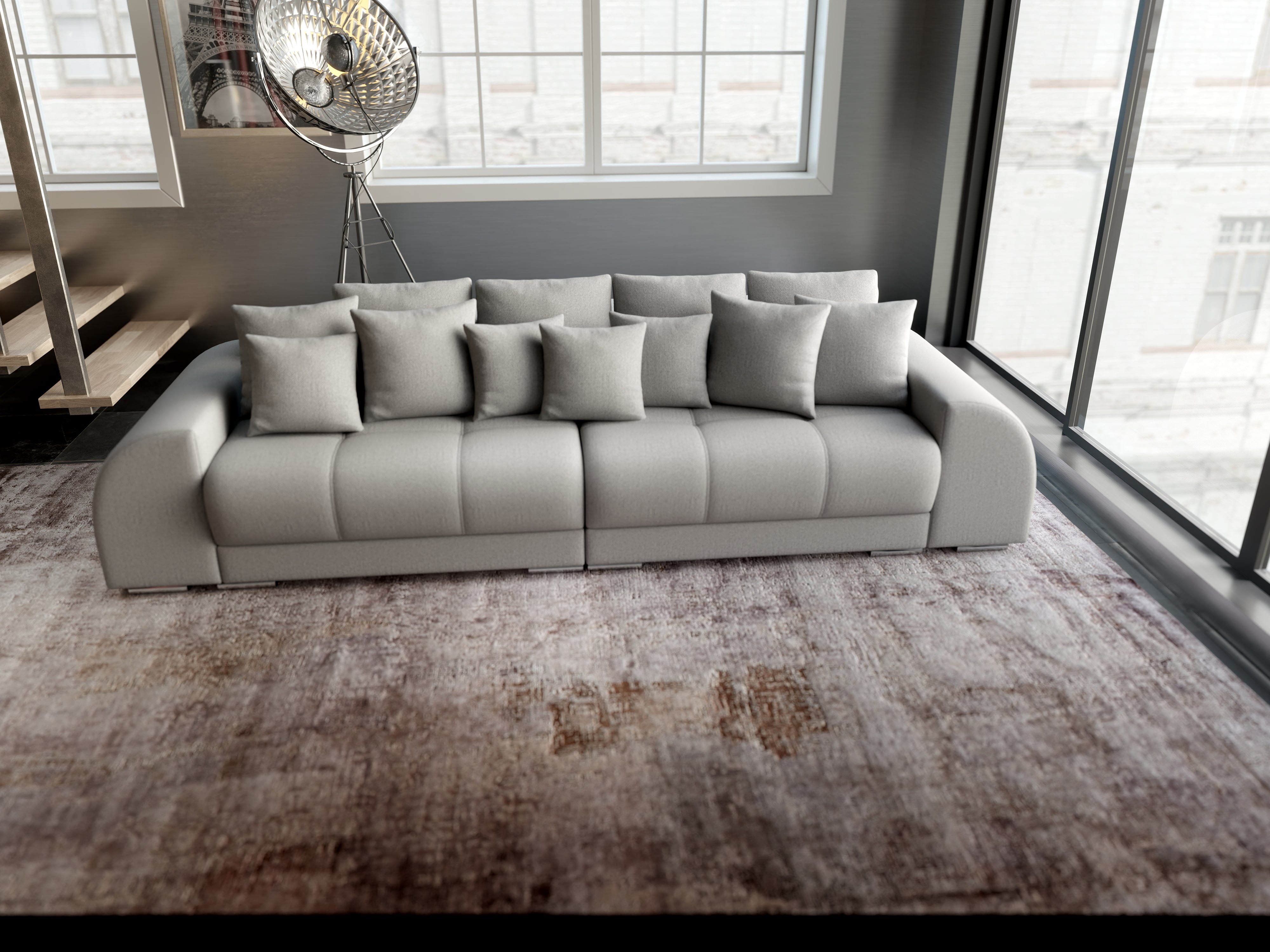Canapea extensibilă dumonde cu 2 lăzi de depozitare si sezut confortabil din spuma HR, Big Sofa Verona Enjoy Lux Light Grey 310x100 cm Fabrica