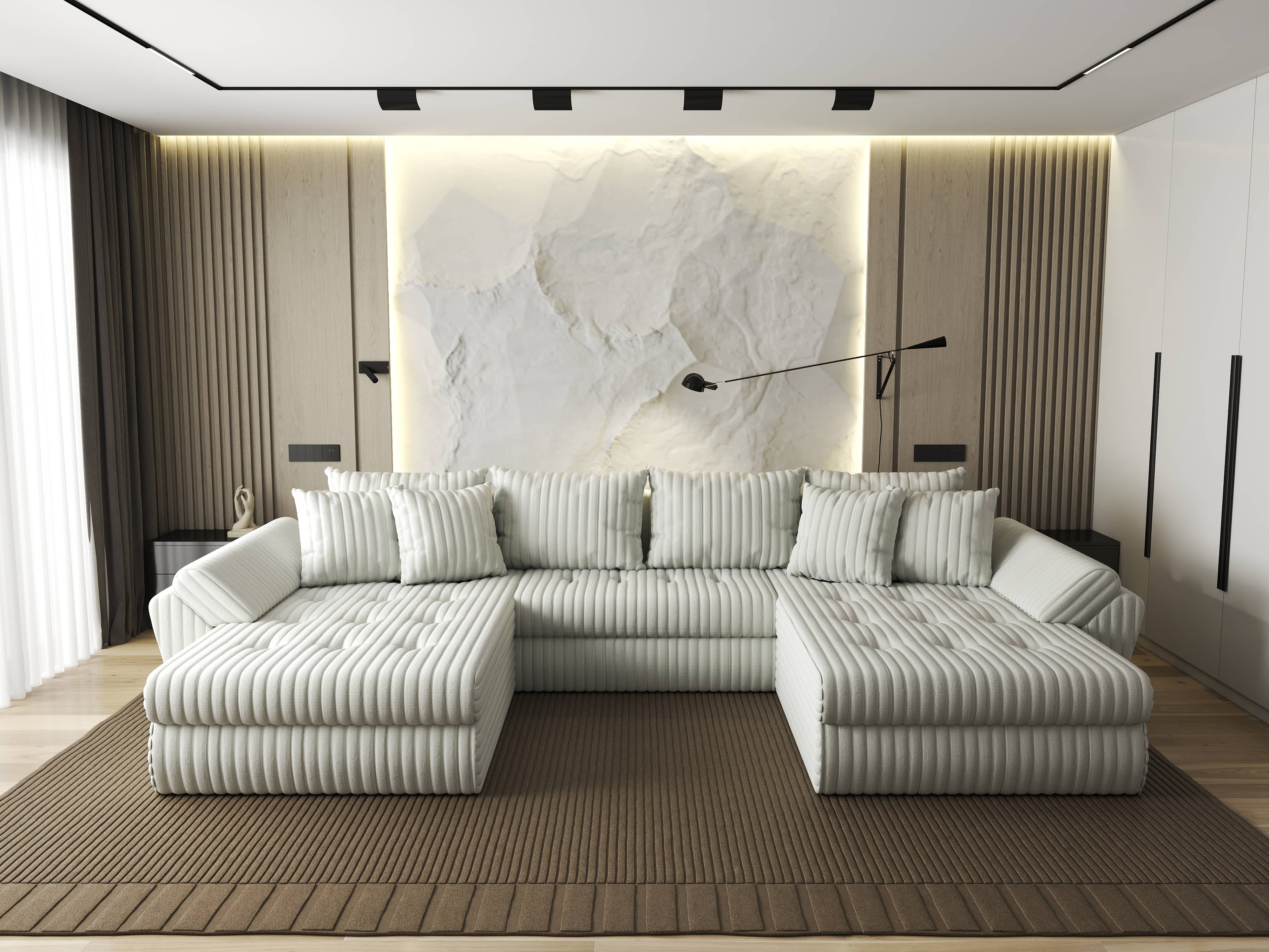 Colțar extensibil dumonde cu ladă de depozitare si sezut confortabil din spuma HR, Loana U Bej Ambience 355x185 cm Fabrica
